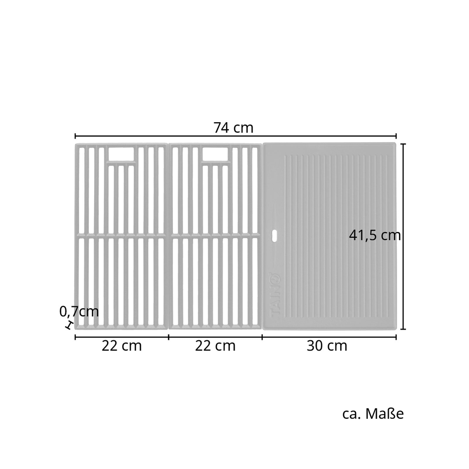 Maße Grillrost 2 Elemente je: 22 x 41,5 cm; Grillplatte 30 x 41,5 cm; gesamt: 74 x 41,5 cm; Materialstärke 0,7 cm