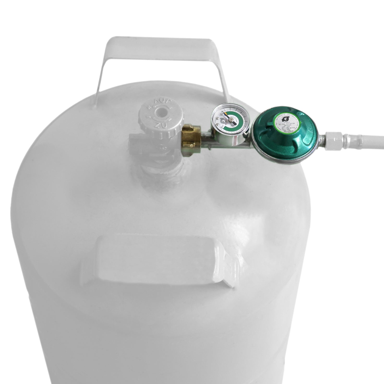 IGT Gasdruckminderer mit Manometer 50 mbar - G 1/4" LH an Gasflasche angeschlossen