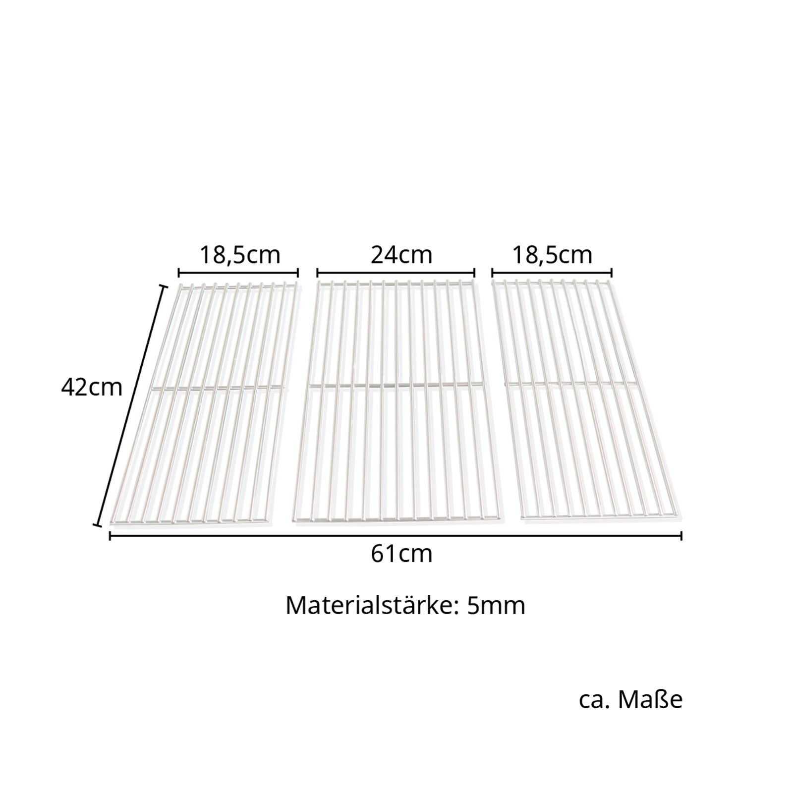 Maße des 3-teiligen Edelstahlrosts: 2 Elemente mit 18,5 x 42 cm: 1 Element mit 24 x 42 cm; Gesamt: 42 x 61 cm - Materialstärke: 5 mm