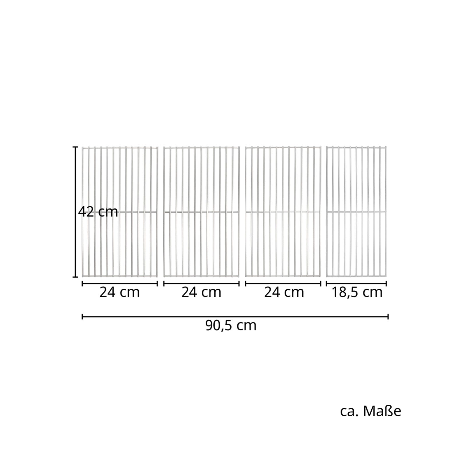 Maße des 4-teiligen Edelstahlrosts: 3 Elemente mit 24 x 42 cm; 1 Element mit 18,5 x 42 cm; Gesamt: 90,5 x 42 cm