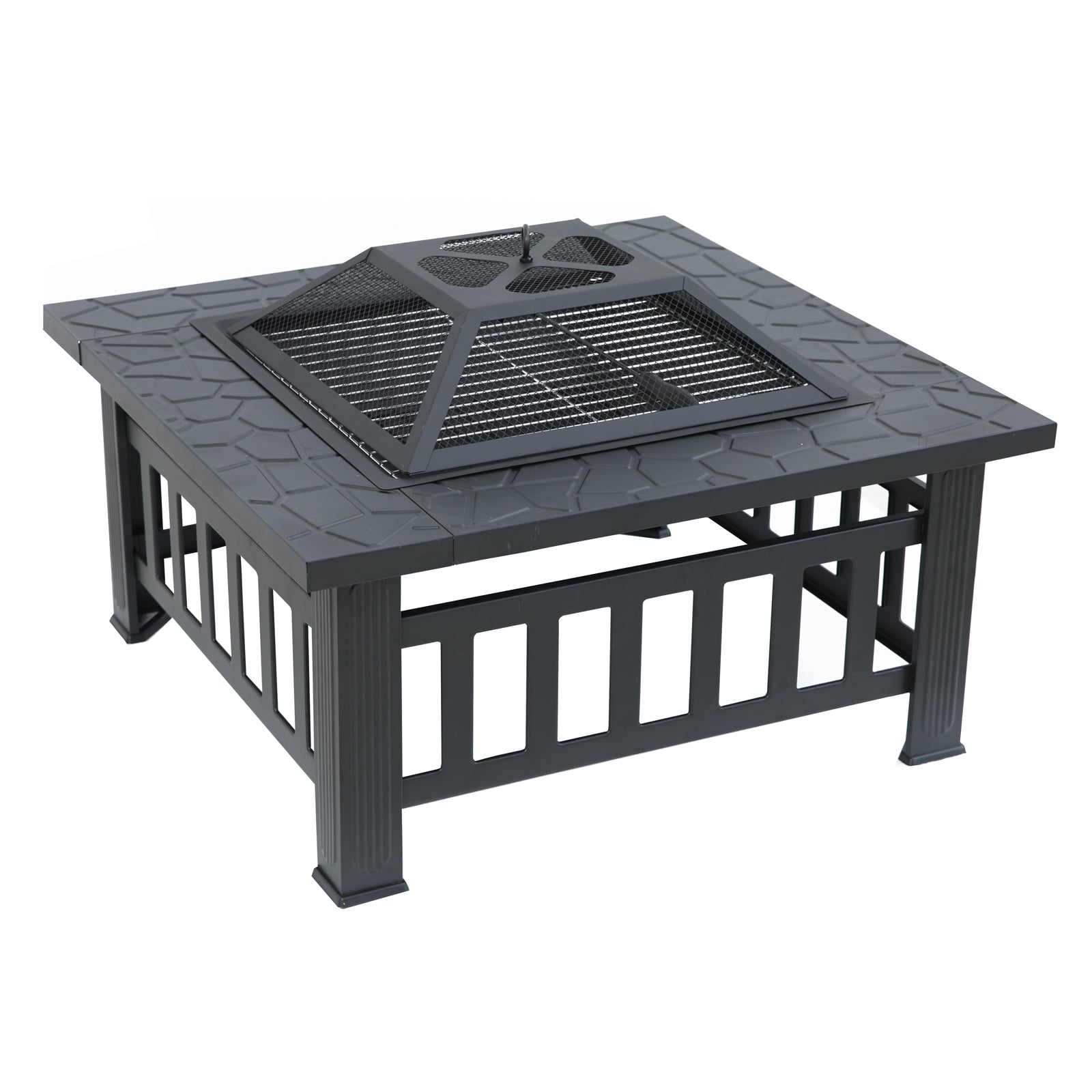 TAINO Eckige Design Feuerschale Stahl mit Grill und Funkenschutz - Totale 2