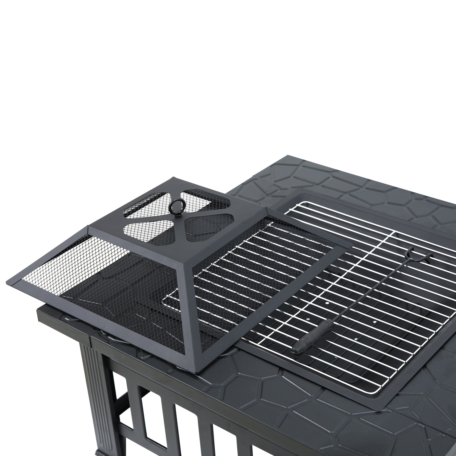 TAINO Eckige Design Feuerschale Stahl mit Grill und Funkenschutz - Deckel mit Funkenschutz
