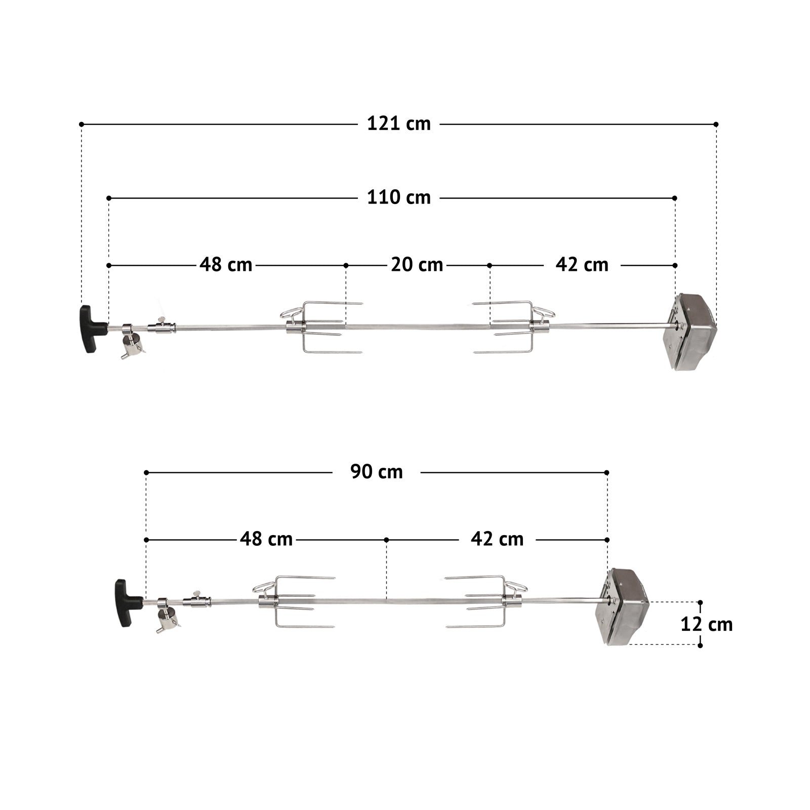 Grillspieß Maße: Gesamtlänge ausgefahren: 121 cm; Grillspieß: 90-110 cm; Höhe Motor: 12 cm