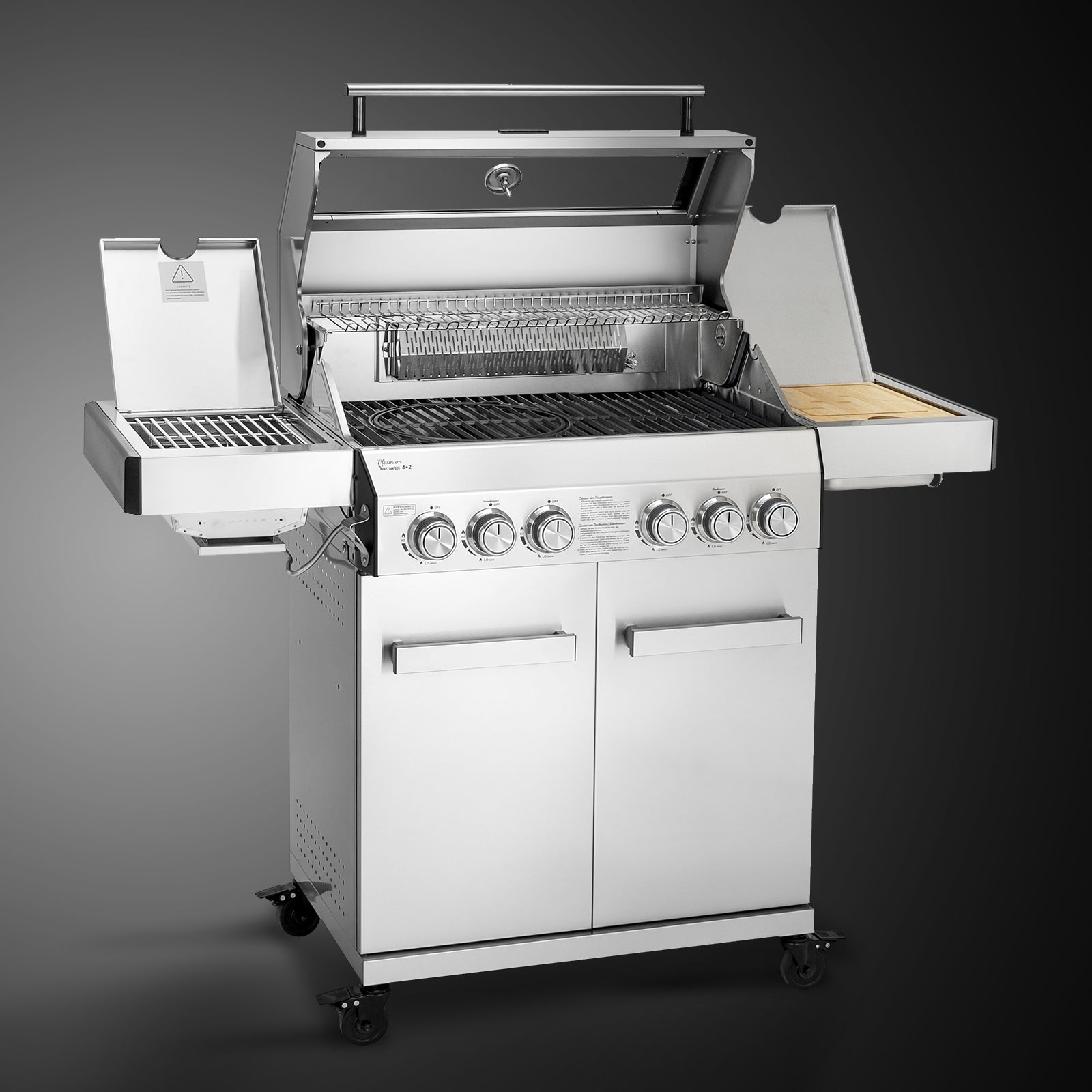 TAINO PLATINUM YAMARA 4+2 Edelstahl Gasgrill 4-Brenner Spar-Angebot mit Abdeckhaube - geöffneter Deckel