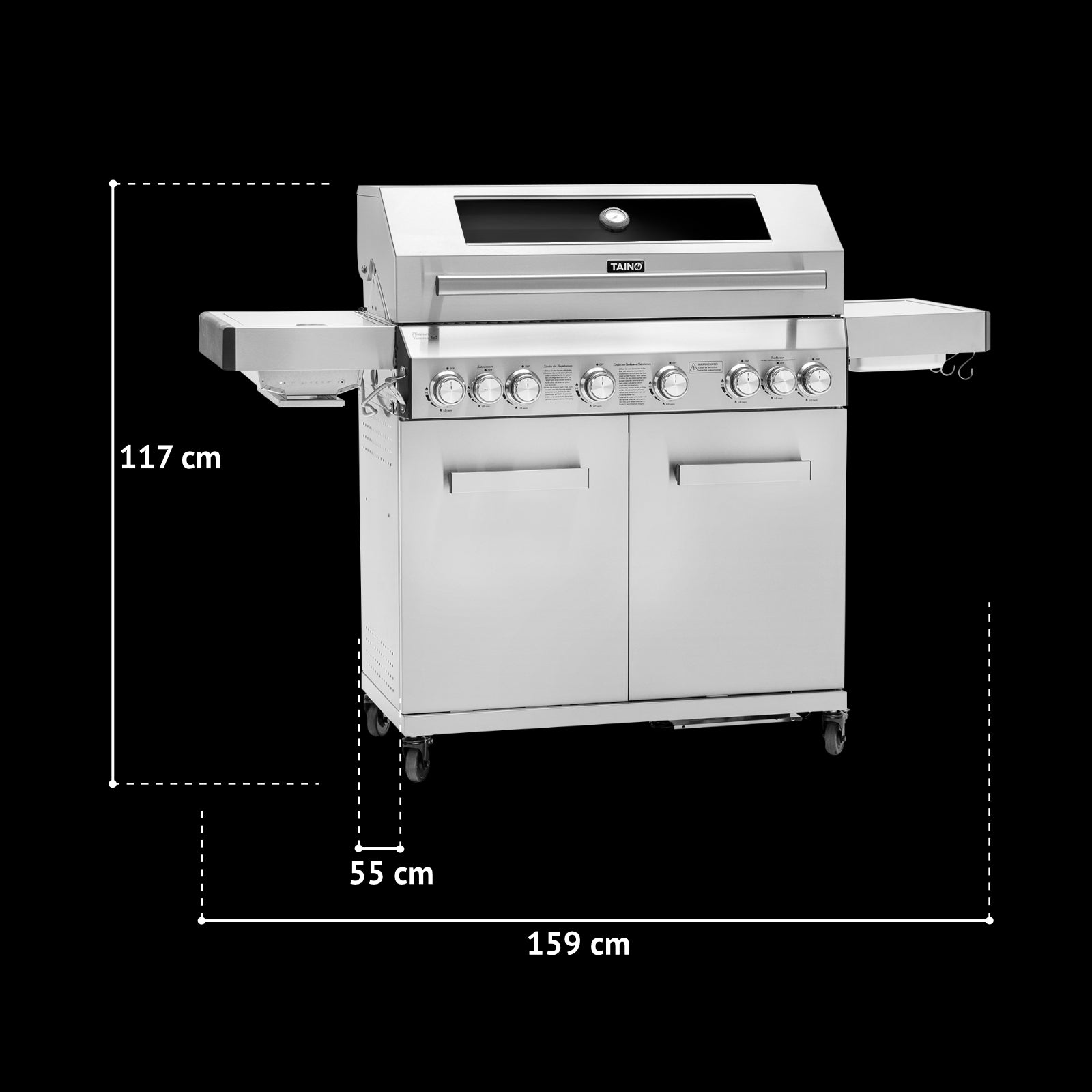 Maßbild TAINO PLATINUM YAMARA 6+2 Edelstahl Gasgrill - Gesamtmaße: Breit 159 cm, Höhe 117 cm, Tiefe 55 cm