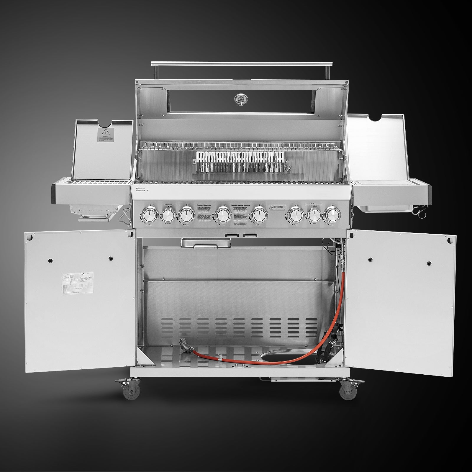 TAINO PLATINUM YAMARA 6+2 Edelstahl Gasgrill 6-Brenner Spar-Angebot mit Abdeckhaube - alle Türen offen