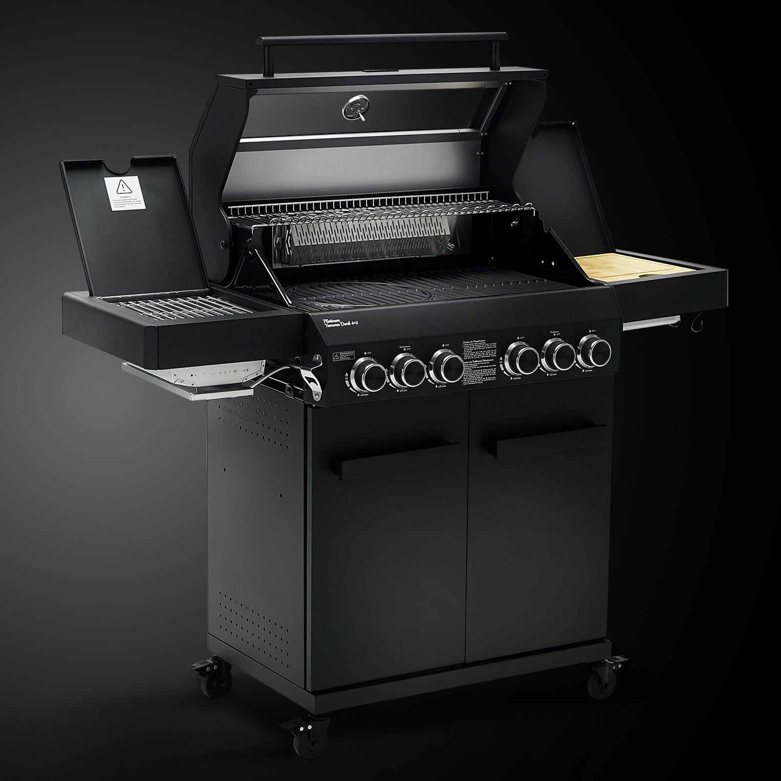 TAINO PLATINUM YAMARA DARK 4+2 Gas Grill 4-Brenner - geöffneter Deckel und Seitentische