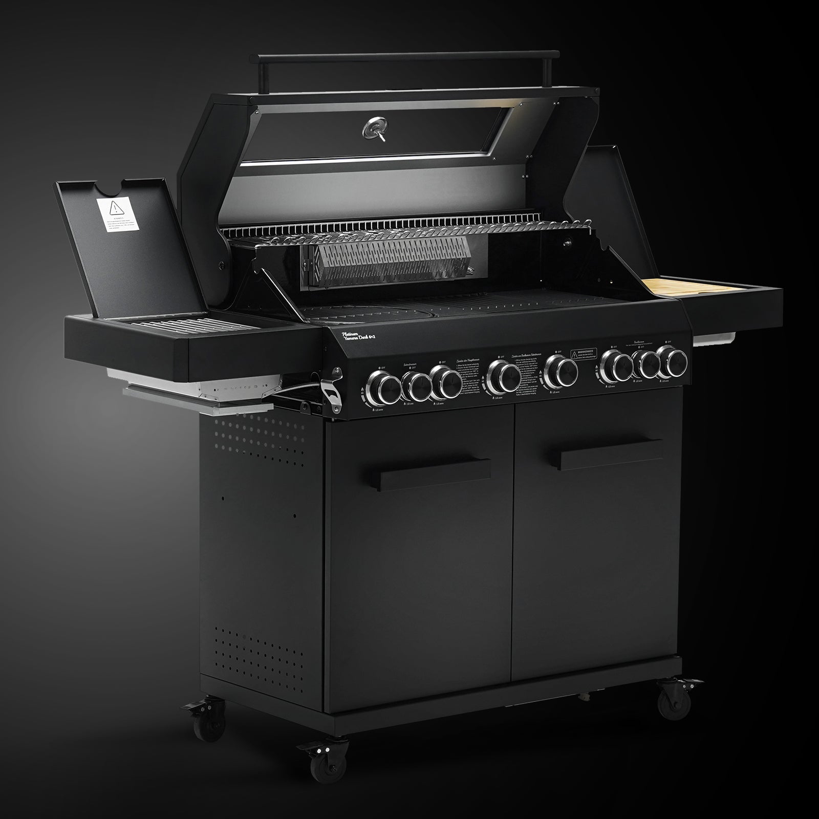 TAINO PLATINUM YAMARA DARK 6+2 Gas Grill 6-Brenner - geöffneter Deckel und Seitentisch