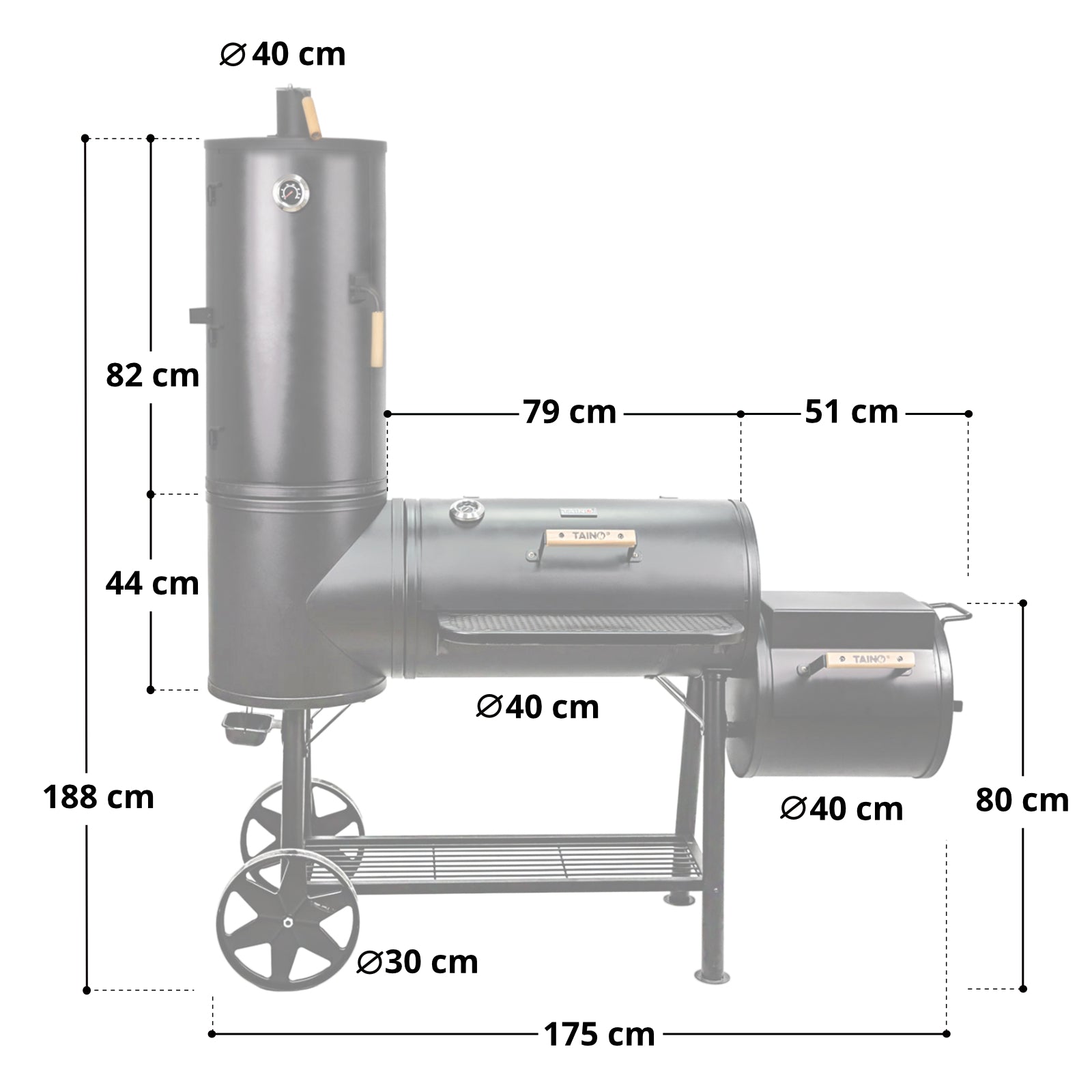 Maße des TAINO Chief Smoker: Länge 175 cm, Breite 65 cm, Höhe mit Räucherturm 188 cm, Arbeitshöhe 80 cm, Durchmesser der Räucherkammern 40 cm