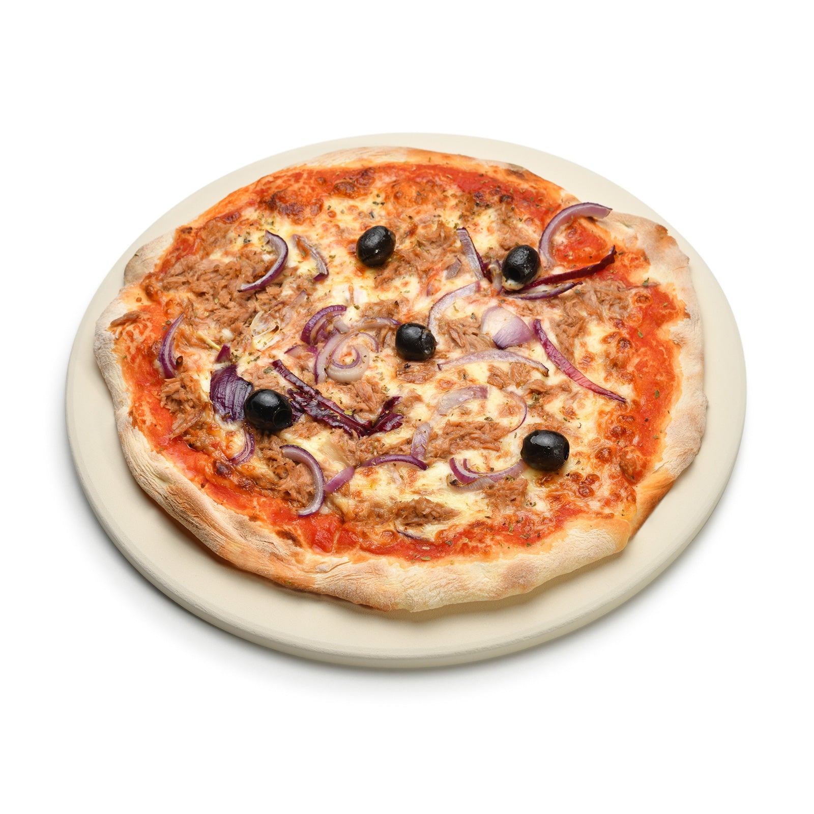 Runder Pizzastein mit Pizza von oben