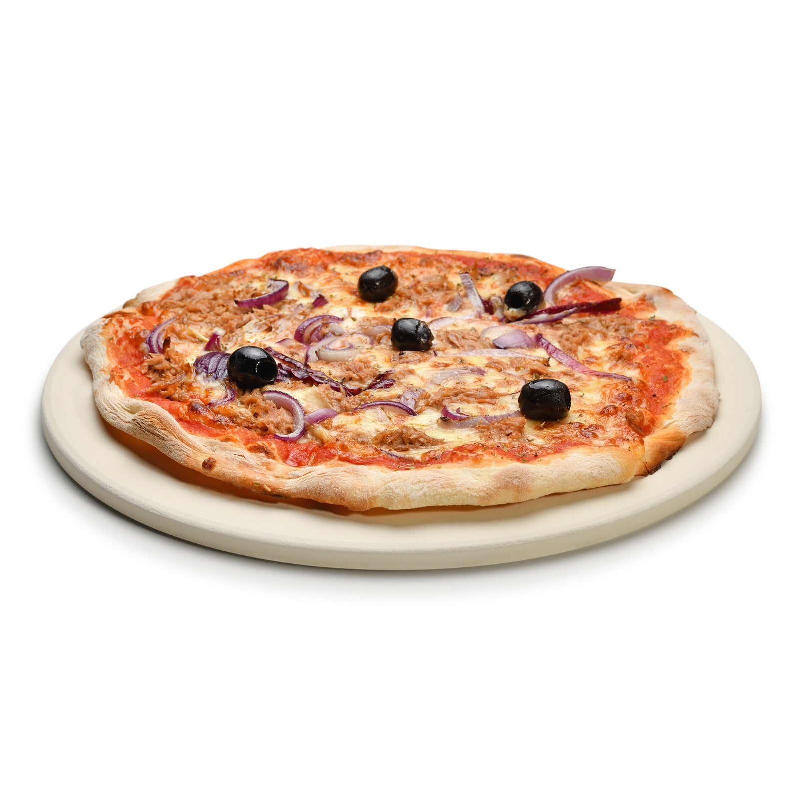 Runder Pizzastein mit Pizza mit Oliven
