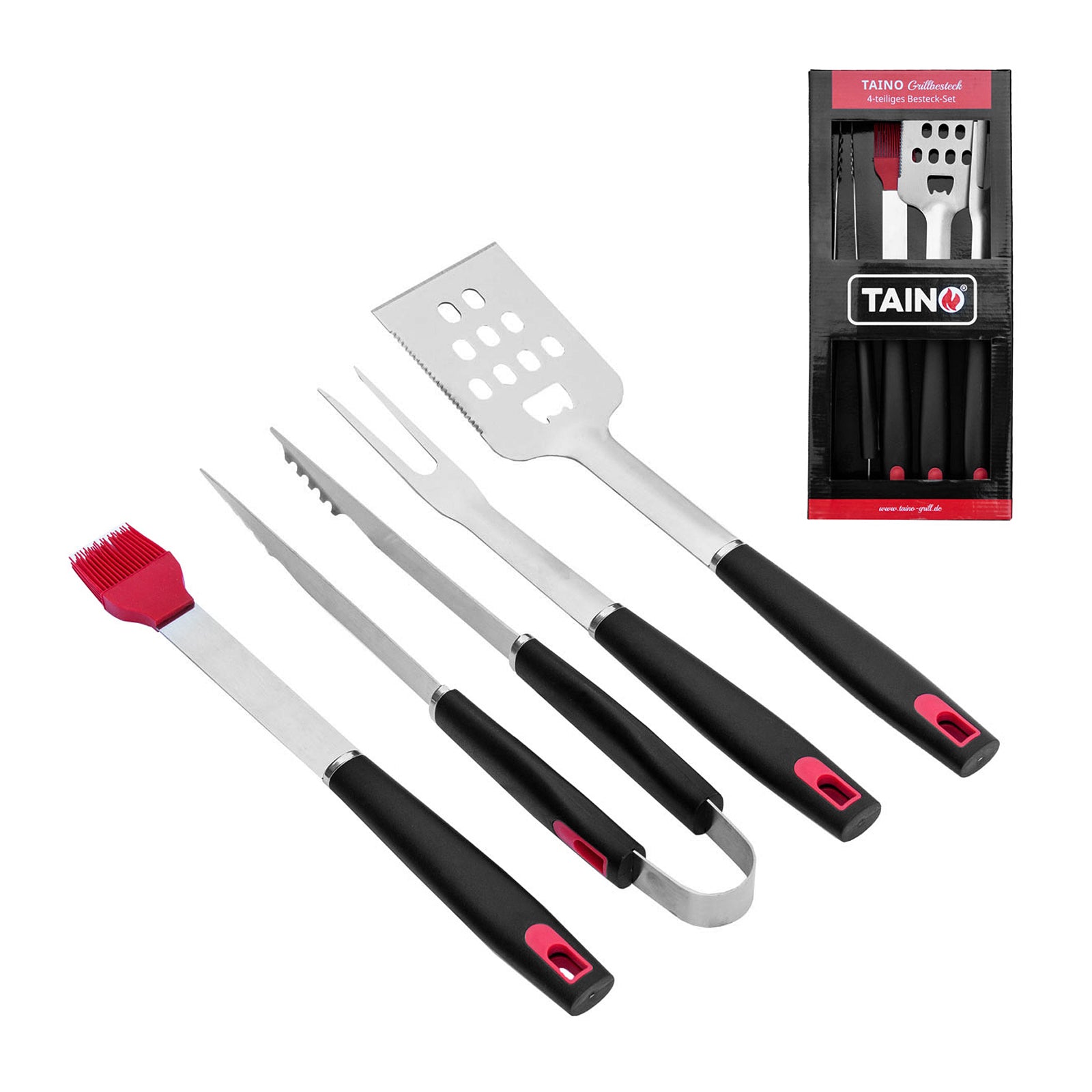 4-teiliges Grillbesteck aus Edelstahl mit schwarz roten Kunststoffgriffen bestehend aus Grillwender, Grillgabel, Grillzange und Pinsel mit Silikonbürsten