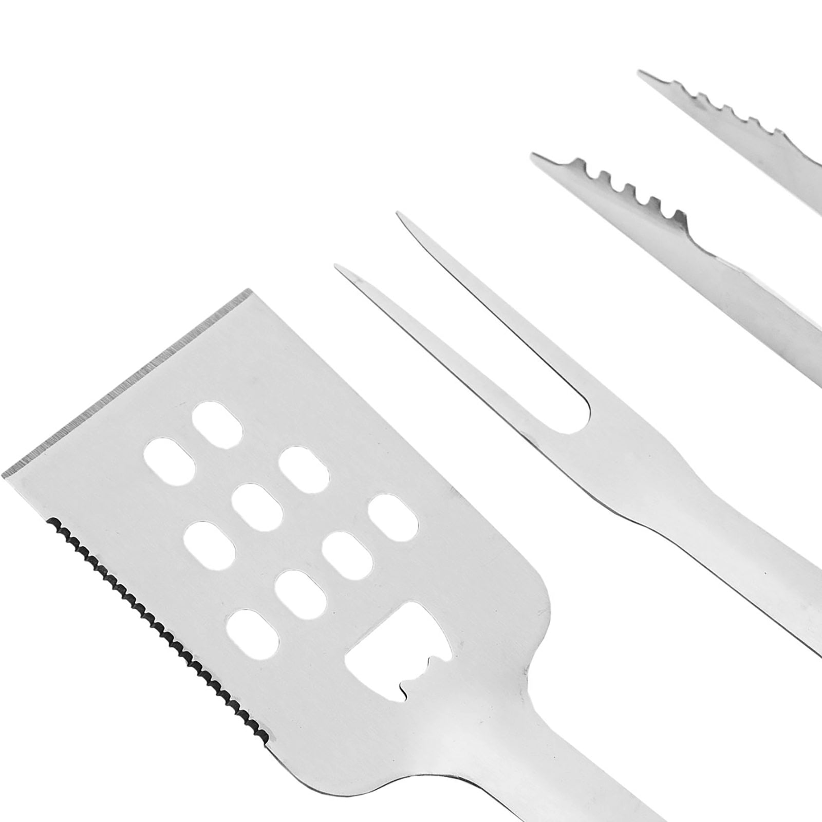 Nahaufnahme der Grillwenders mit Flaschenöffner-Funktion, der Gabelzinken und der geriffelten Grillzange