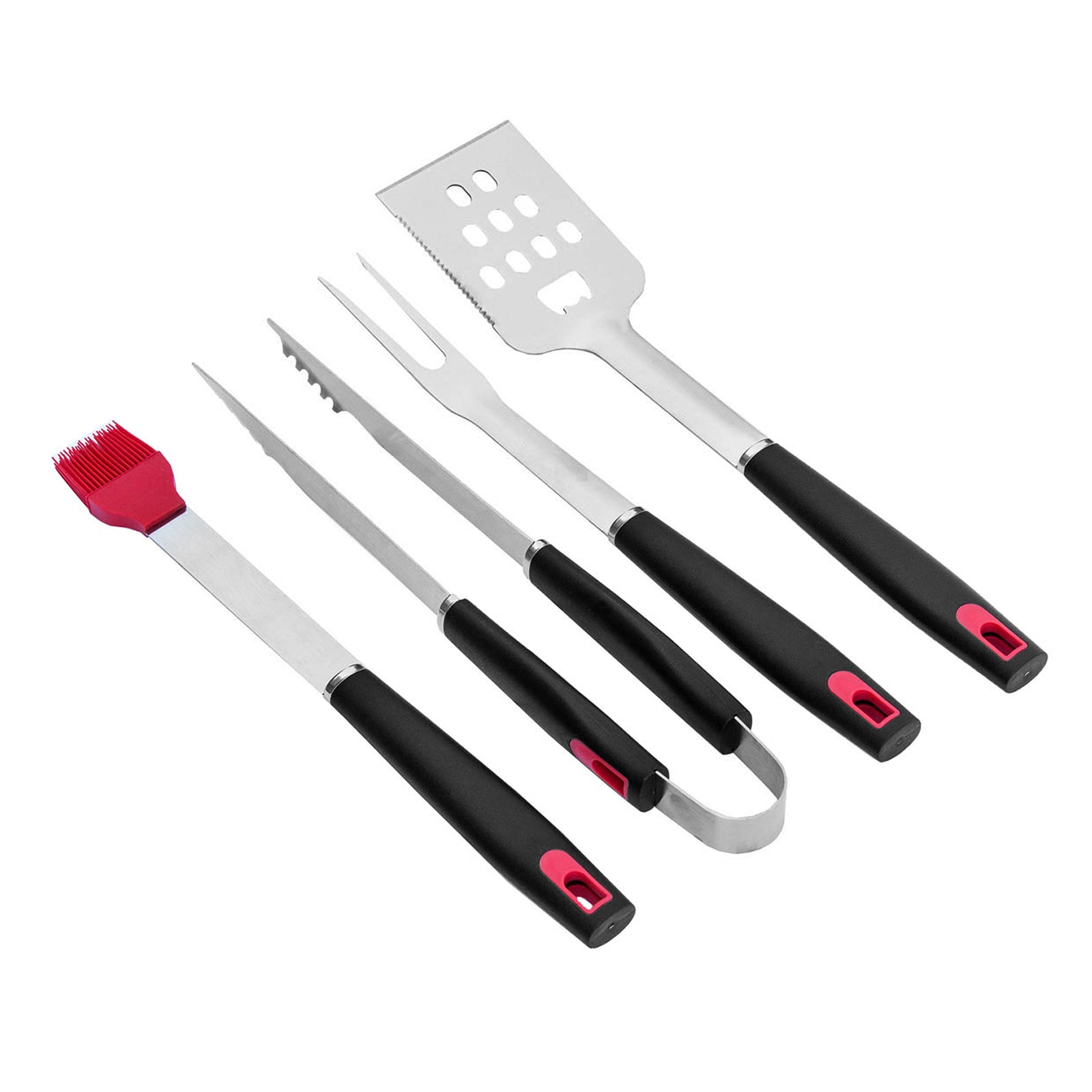 Grillpinsel, Grillzange, Grillgabel und Wender liegen nebeneinander