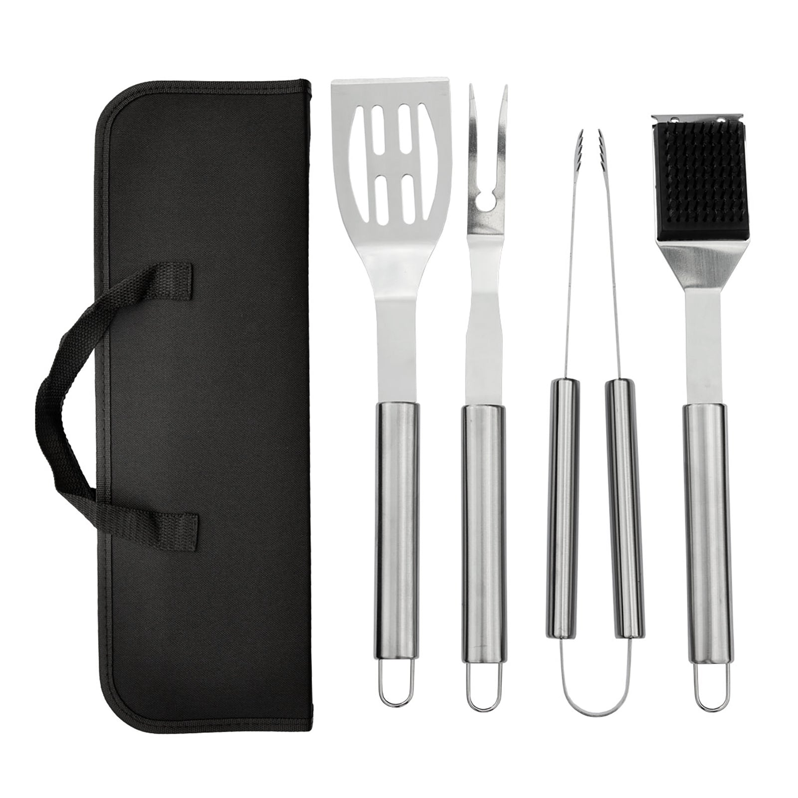 5-tlg. Grillbesteck Set aus Edelstahl mit Grillwender, Grillgabel, Grillzange und Grillbürste inklusive schwarzer Tasche mit Griff