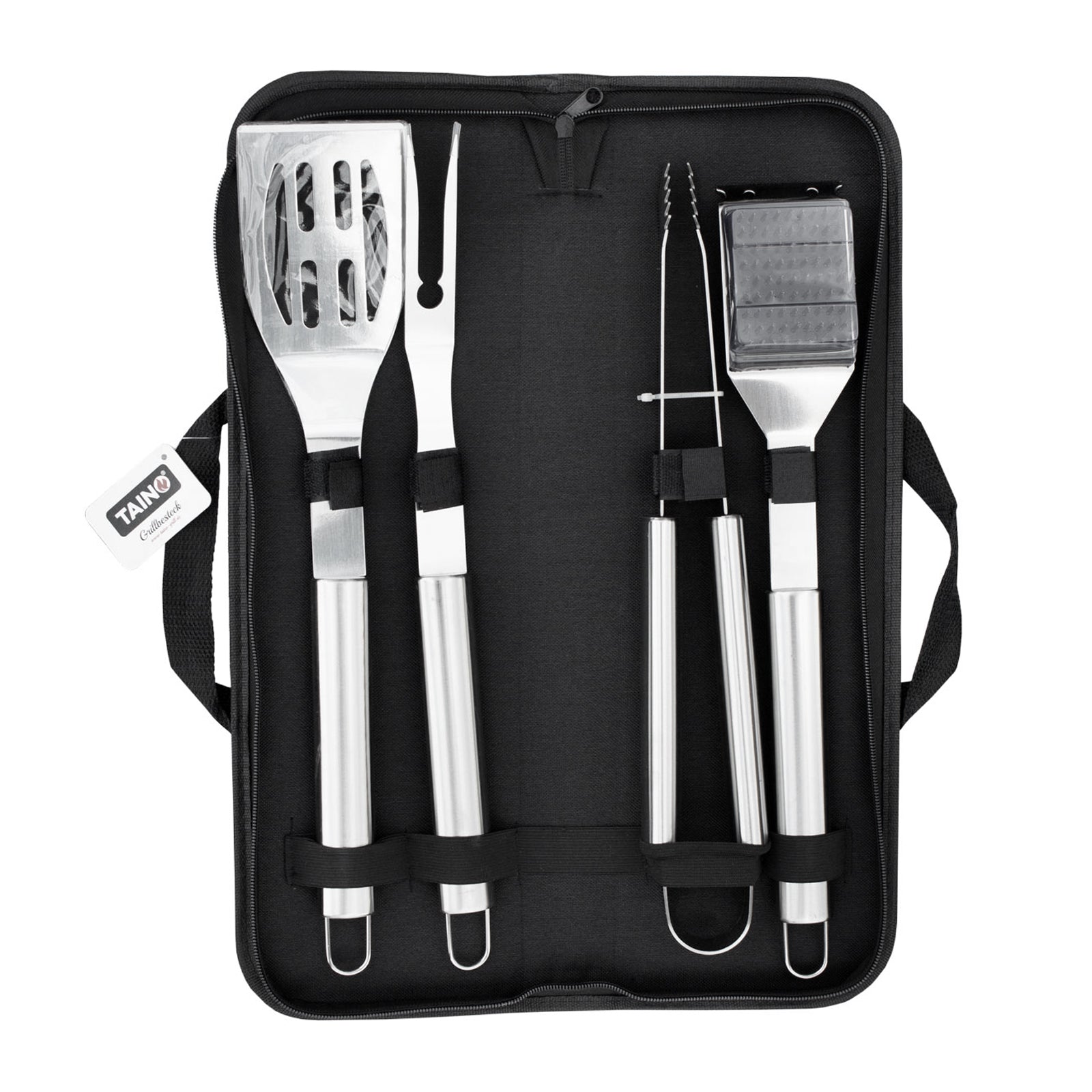 Das Grillbesteckset liegt in der offenen Tasche mit Reißverschluss und wird von Klettverschlüssen gesichert