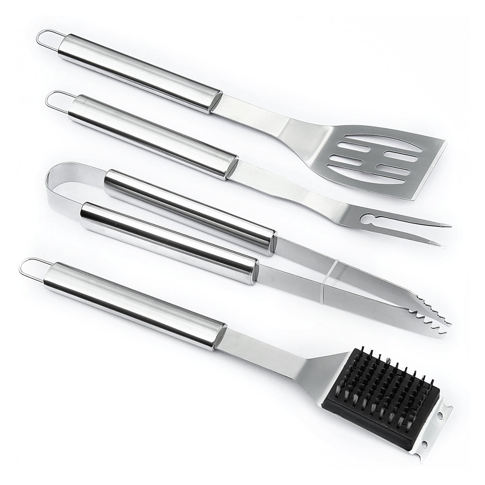 Grillwender, Grillgabel, Grillzange und Grillbürste aus Edelstahl liegen nebeneinander