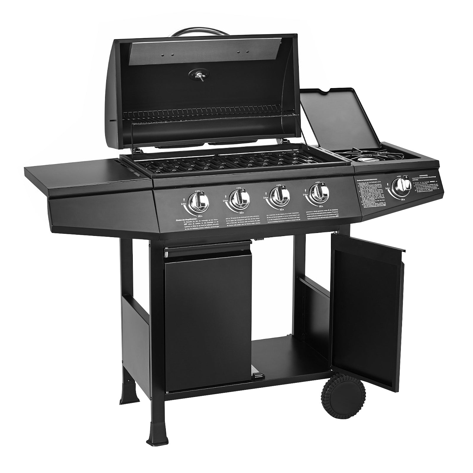TAINO Basic 4+1 Gasgrill mit geöffnetem Deckel und Seitenkocher