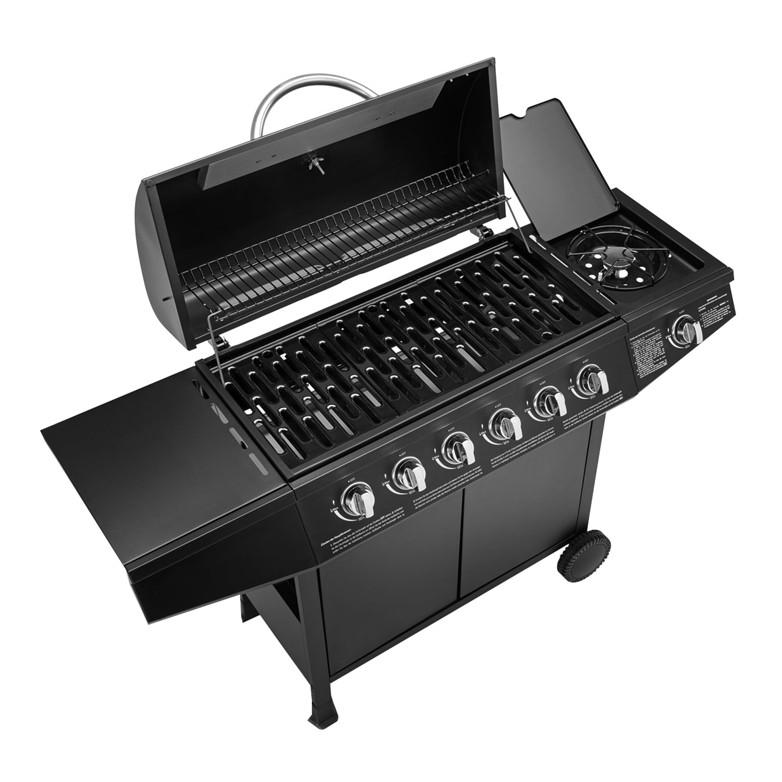 TAINO Basic 6+1 Gasgrill 6-Brenner Ansicht von oben mit geöffnetem Deckel und Seitenkocher