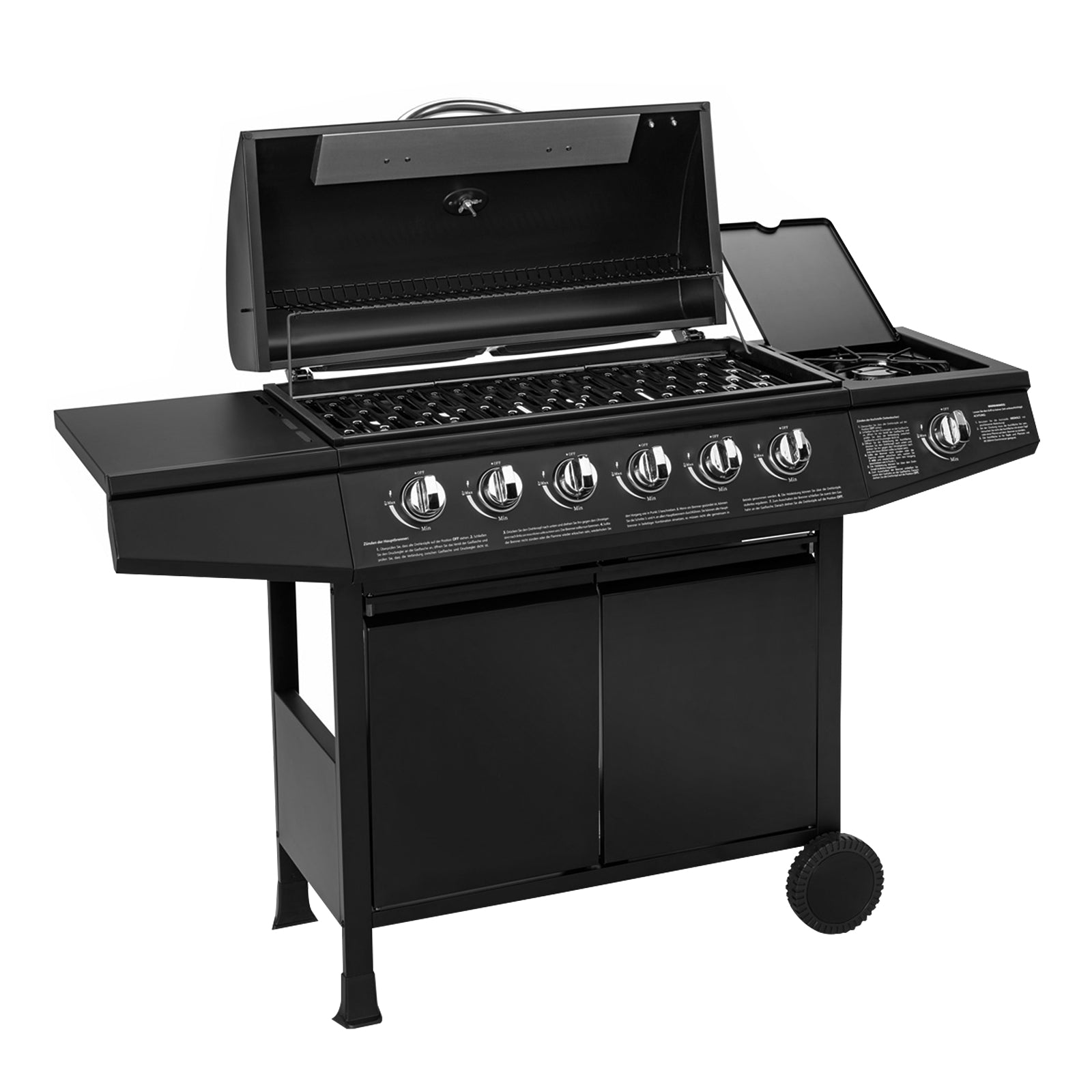 TAINO Basic 6+1 Gasgrill 6-Brenner mit geöffnetem Deckel und Kochplatte im Seitentisch