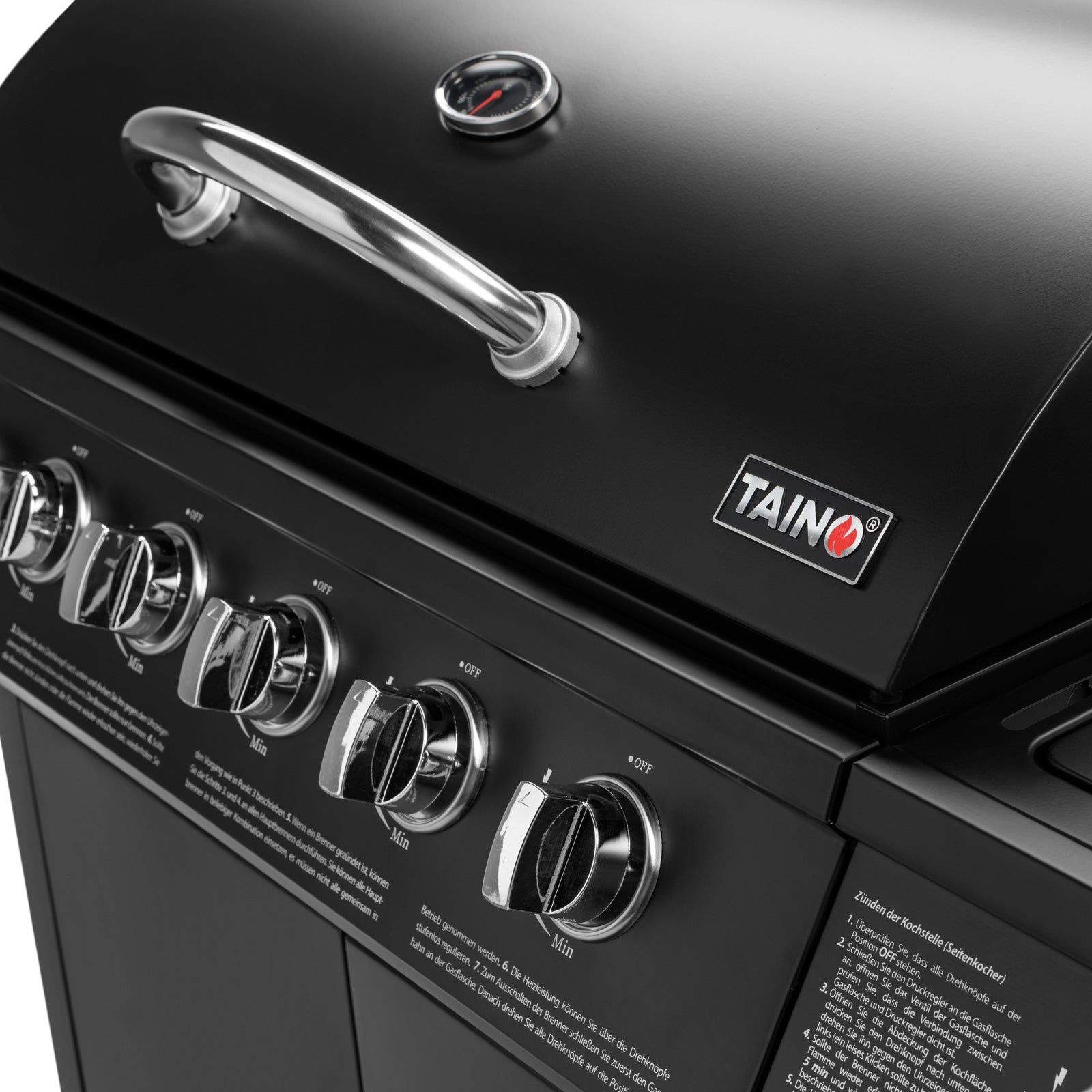 TAINO Basic 6+1 Gasgrill 6-Brenner Detailansicht Drehregler und Deckel