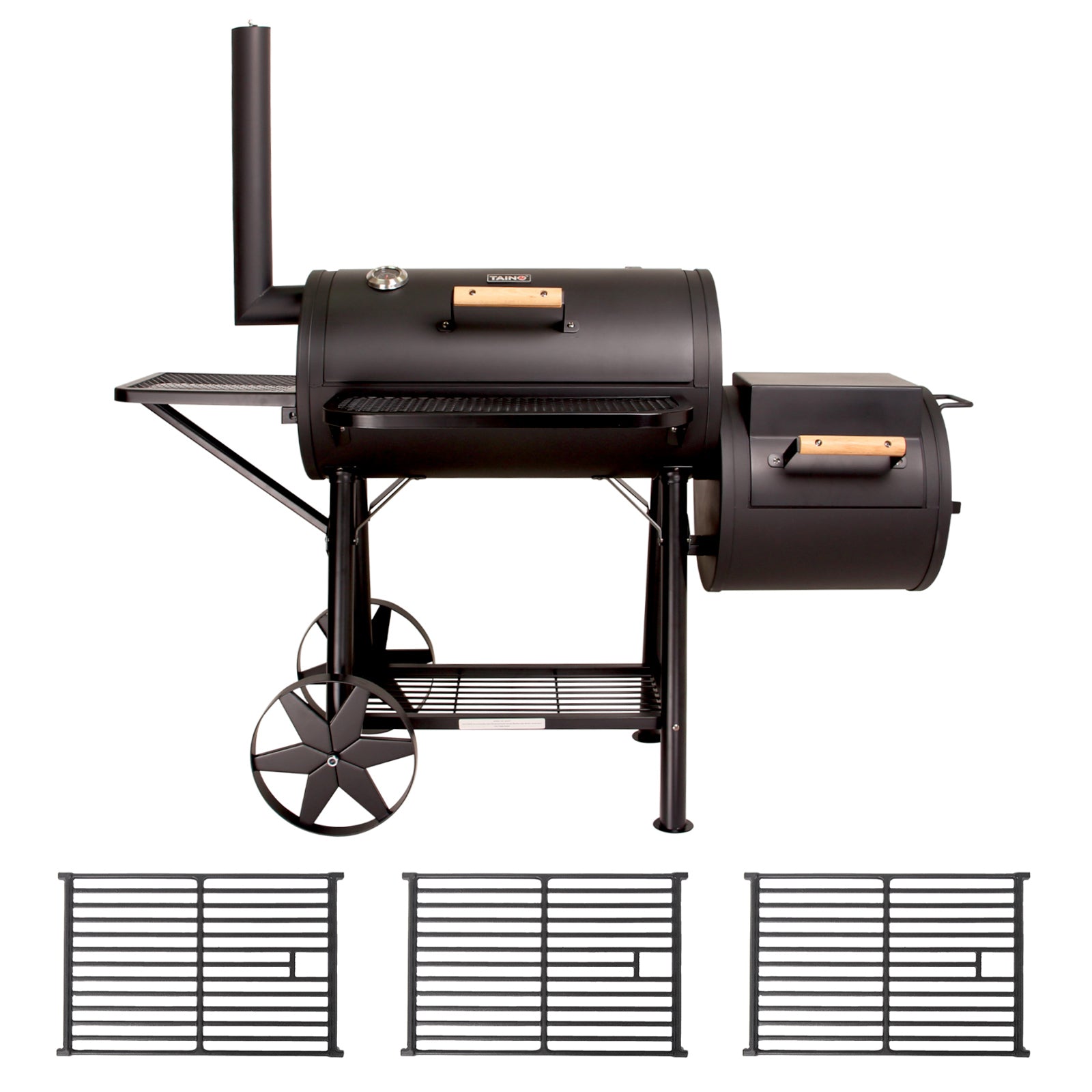 schwarzer TAINO YUMA Smoker mit Räucherkammer, seitlicher Kohlenkammer, zwei Rädern, Kamin, Seitentisch und Kochplatte im Set mit drei Gusseisen Grillrosten