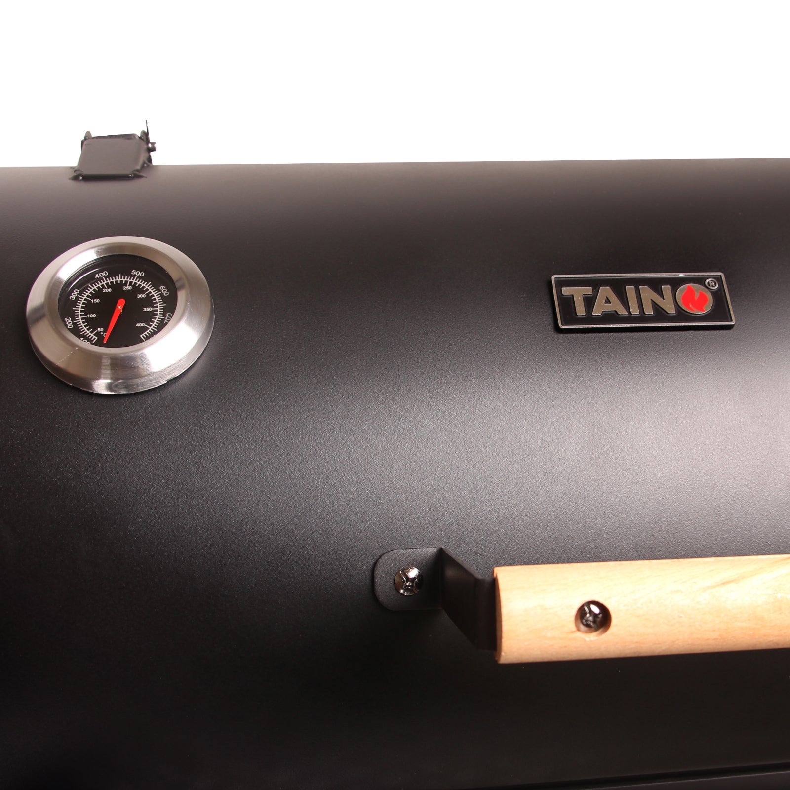 Nahaufnahme des Deckels mit Holzgriff Thermometer und TAINO Logo