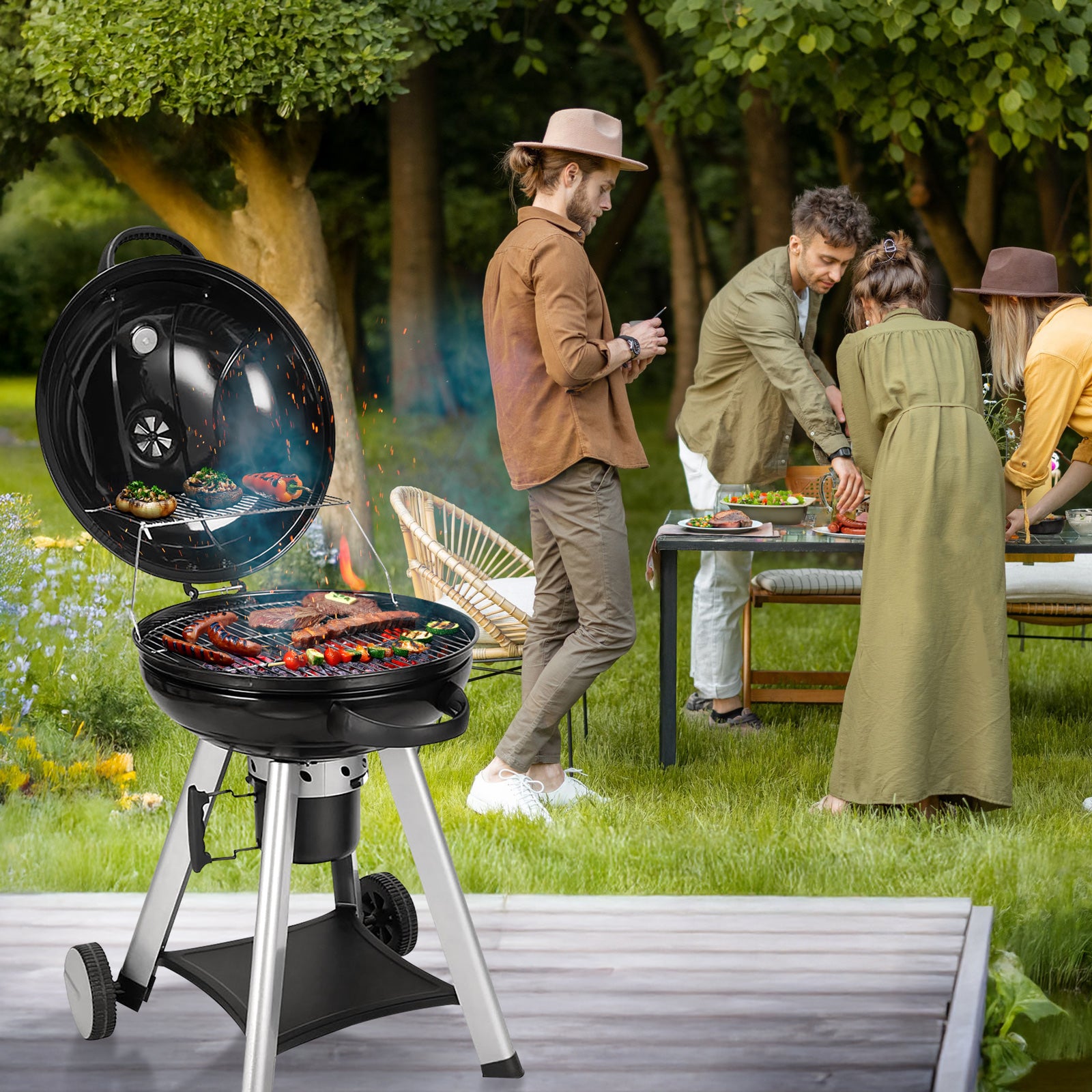 TAINO NEO Holzkohle Kugelgrill Beispielbild Grillpart mit Grillgut auf dem Rost