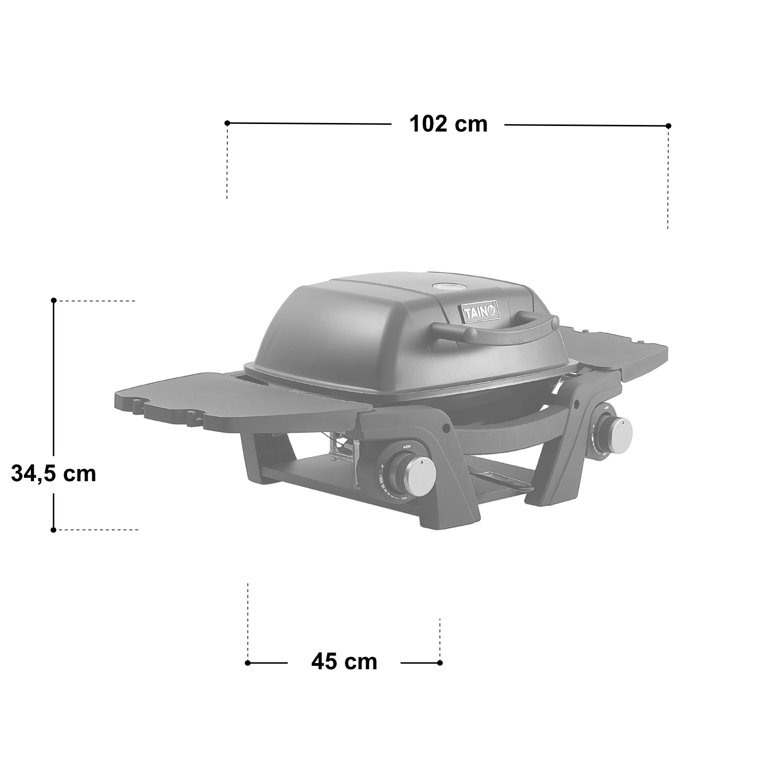 Maßbild TAINO MAHTO Gas Tischgrill - Detailansicht Breite 102 cm, Höhe 34,5 cm, Tiefe 45 cm