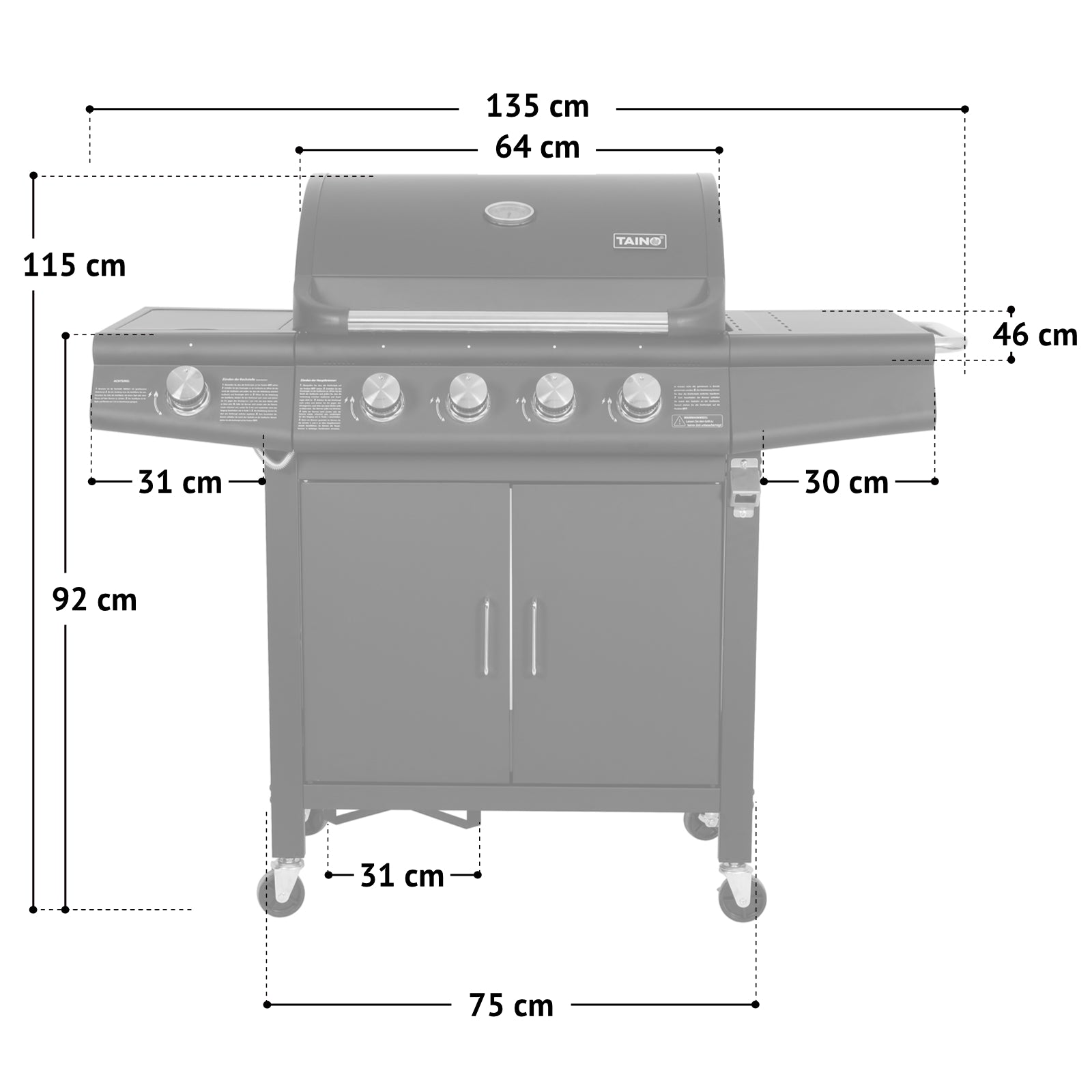 Maßbild TAINO Red 4+1 - 4-Brenner Gasgrill mit Kochplatte - Gesamtmaße: Breite: 135 cm, Höhe: 115 cm, Tiefe: 46 cm