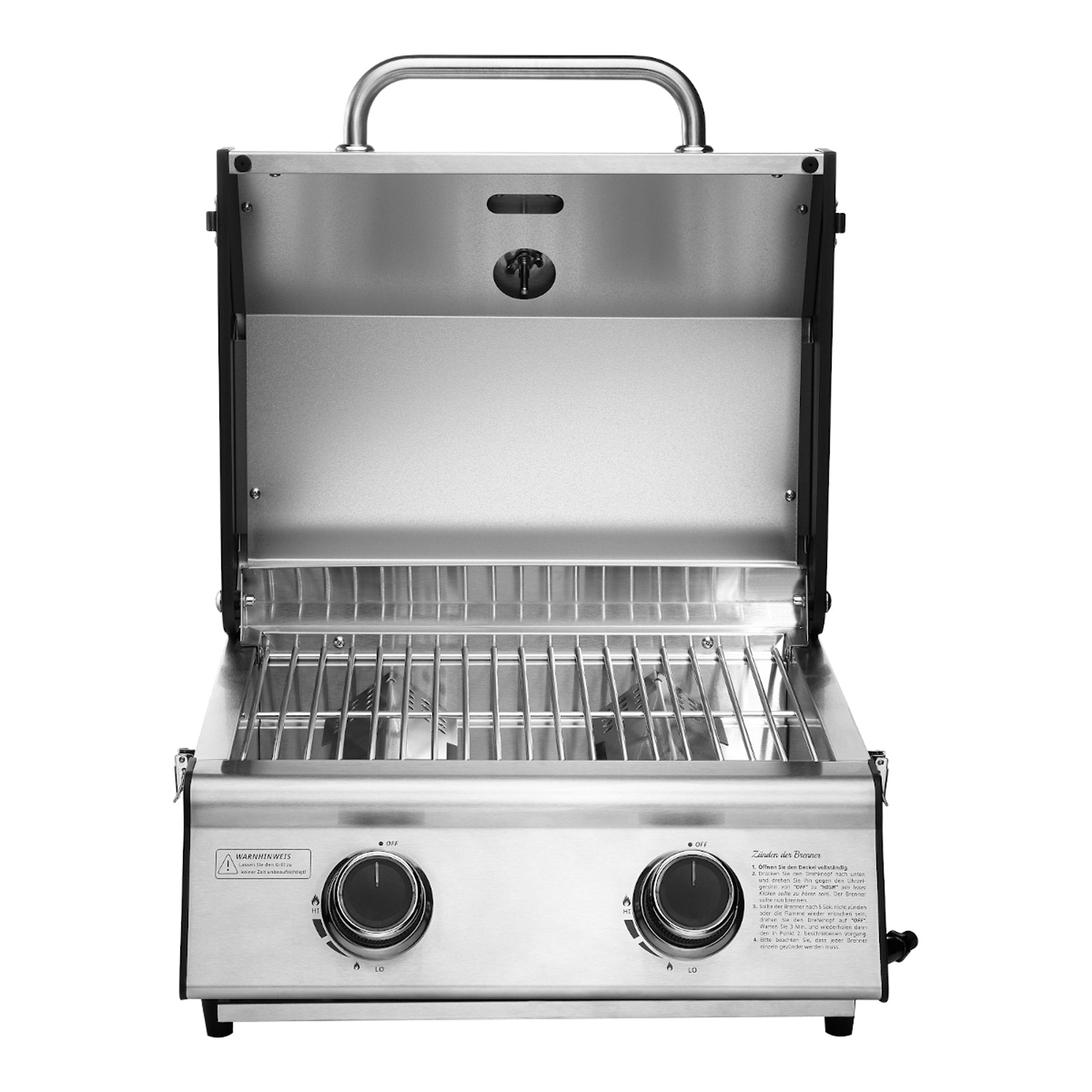 TAINO PLATINUM COMPACT Gas Tischgrill mit geöffnetem Deckel frontal