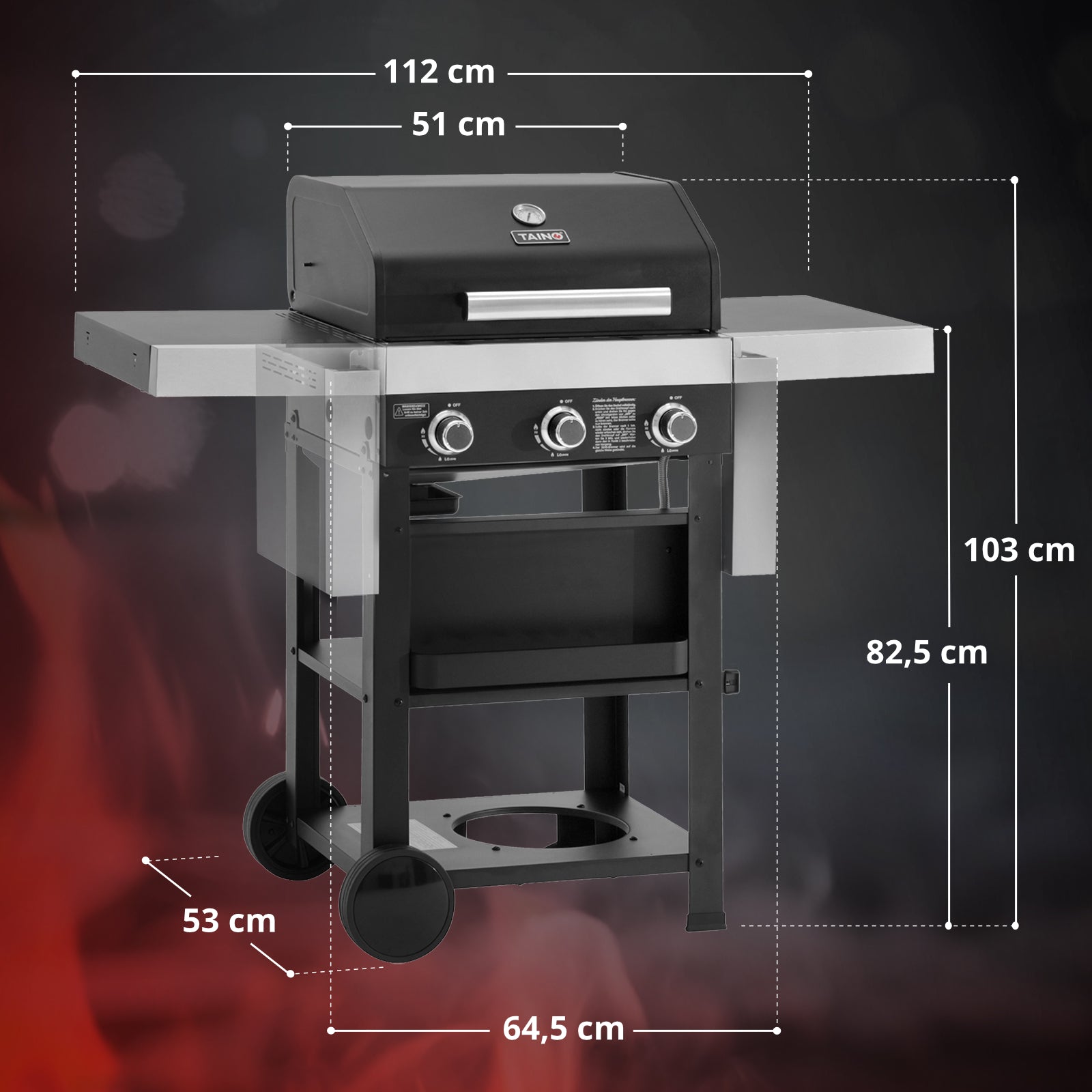 Maßbild TAINO WABAYA Gasgrill Gesamtmaße: Breite 112 cm, Höhe 103 cm, Tiefe 53 cm - Breite eingeklappt 64,5 cm - Höhe Arbeitsfläche 82,5 cm