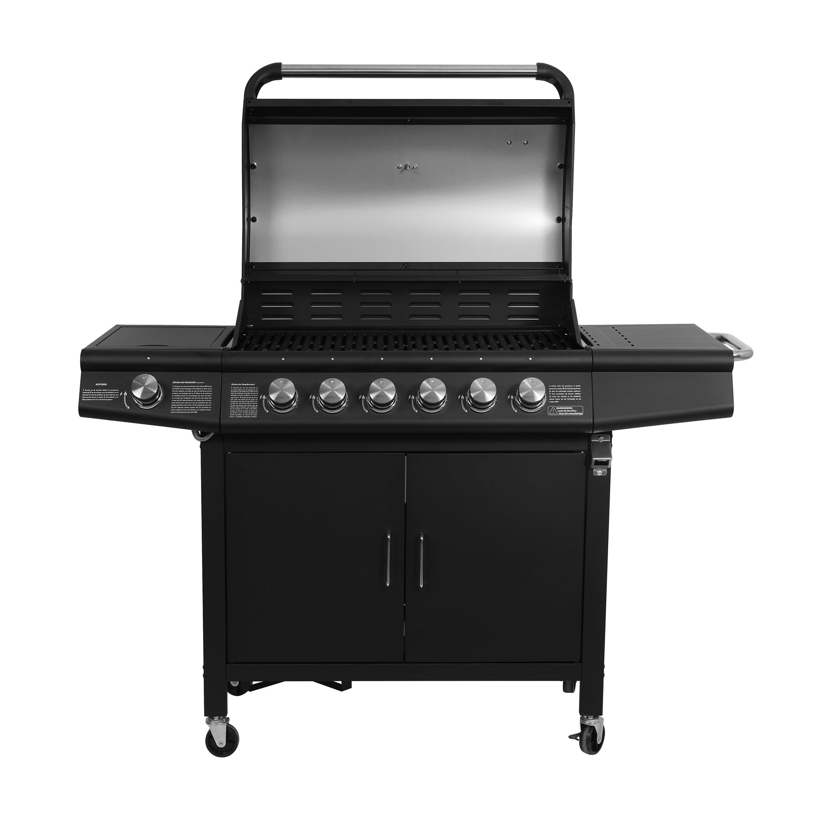 TAINO Red 6+1 - 6-Brenner Gasgrill mit Kochplatte - geöffneter Deckel frontal