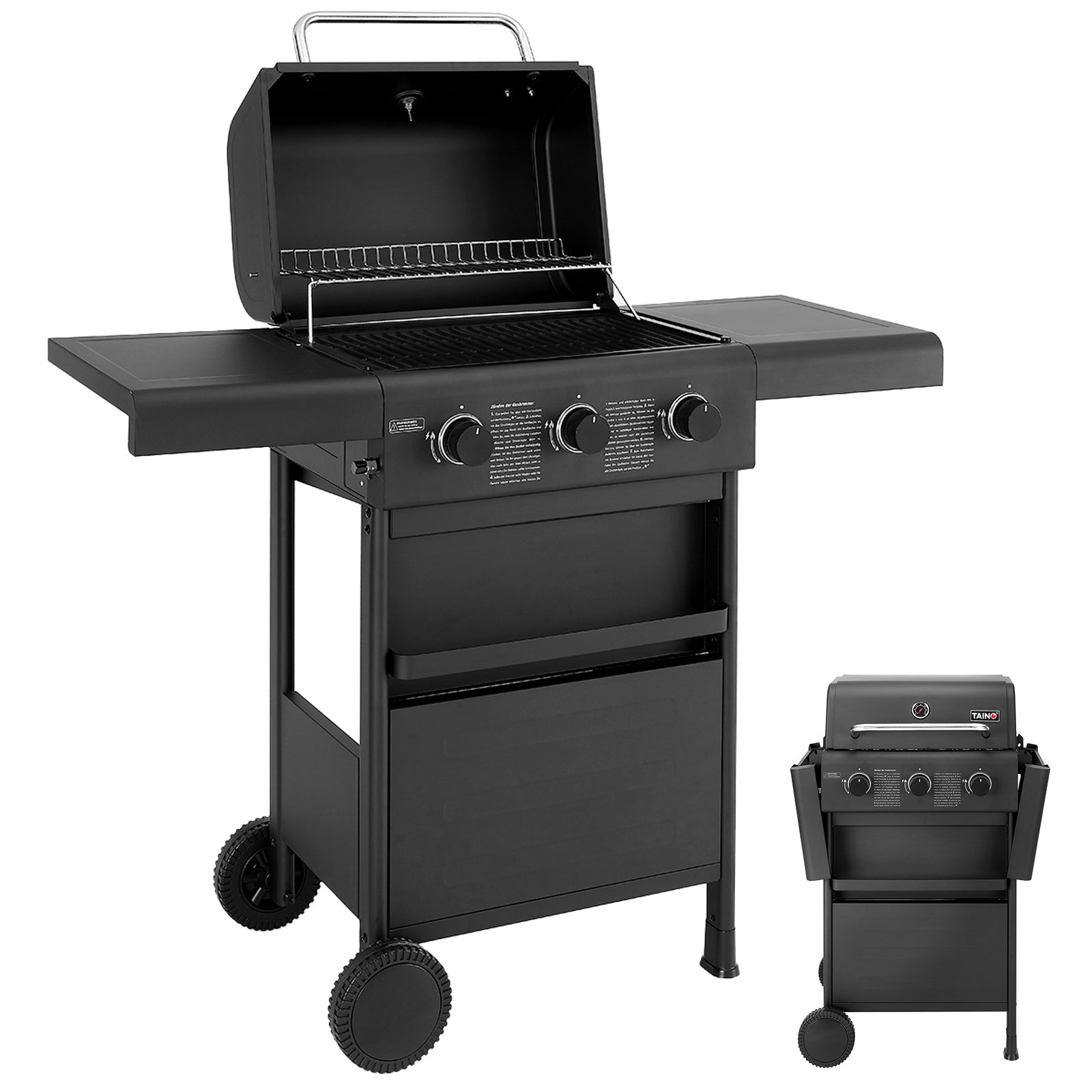TAINO COMPACT 3+0 Gasgrill mit geöffnetem Deckel - klein daneben mit eingeklappten Seitentischen