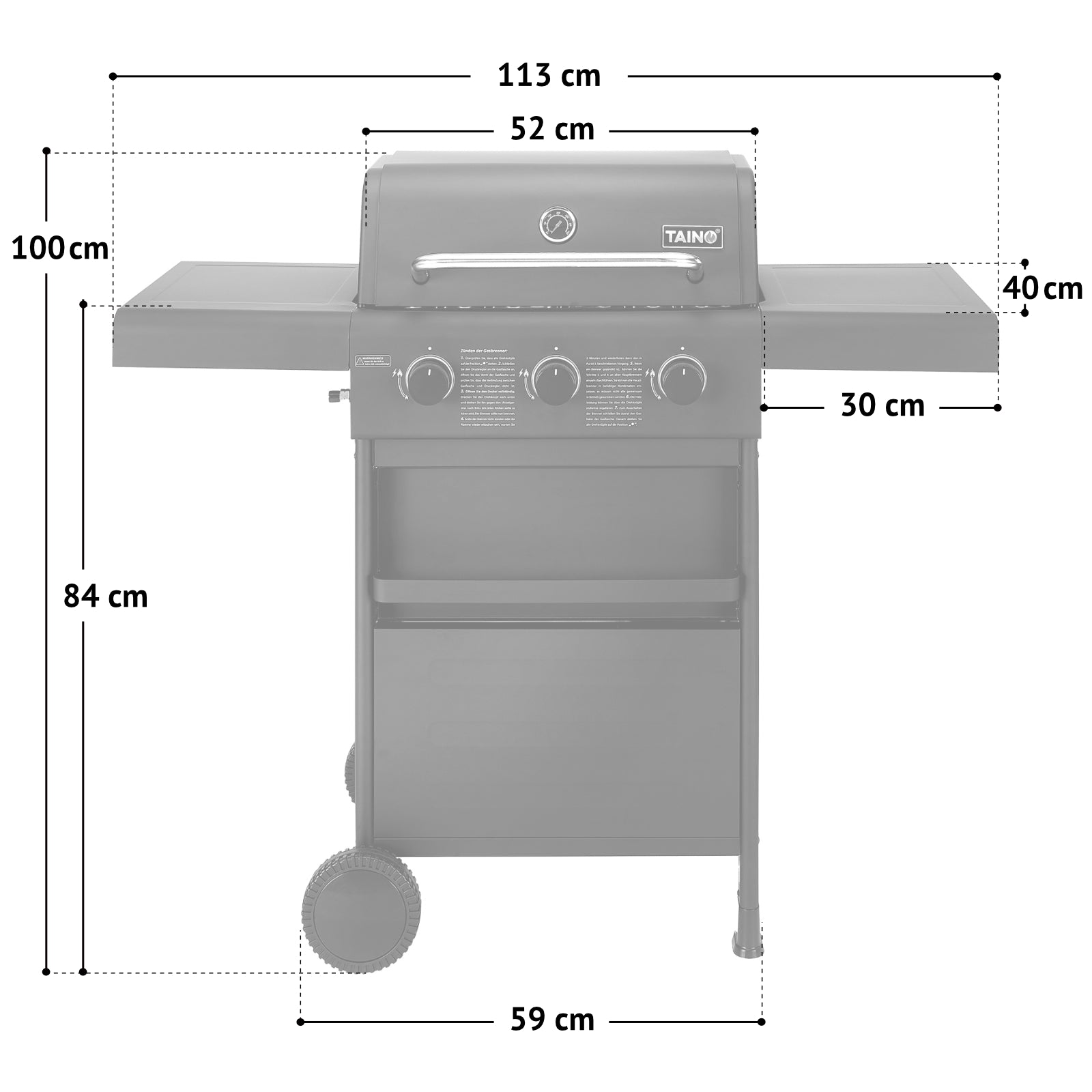 Maßbild TAINO COMPACT 3+0 Gasgrill - Gesamtmaße: Breite 113 cm, Höhe 100 cm, Tiefe 40 cm