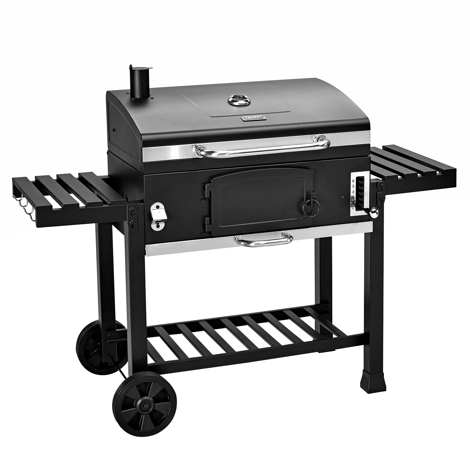 Schwarzer Holzkohlegrill mit Deckel, zwei seitlichen Ablagen, Thermometer und Rädern zum Transportieren