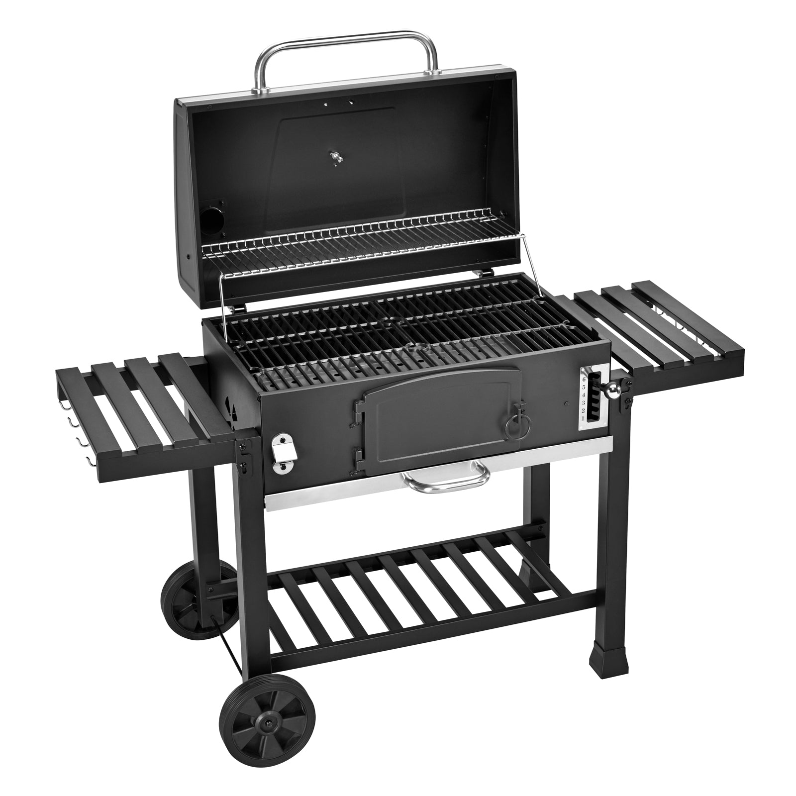 Schwarzer Grillwagen mit offenem Deckel, zwei seitlichen Ablagen, zwei Rädern und verstellbarem Grillrost