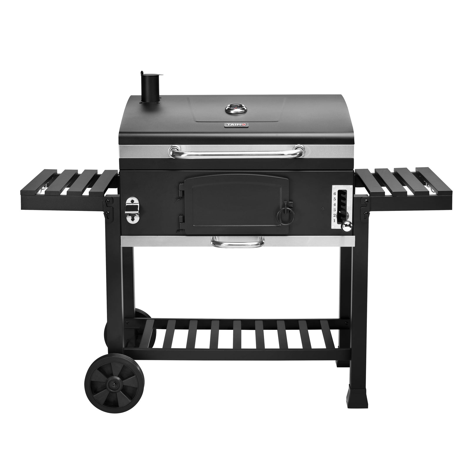Schwarzer Holzkohlegrill mit Deckel, zwei seitlichen Ablagen, Thermometer und Rädern