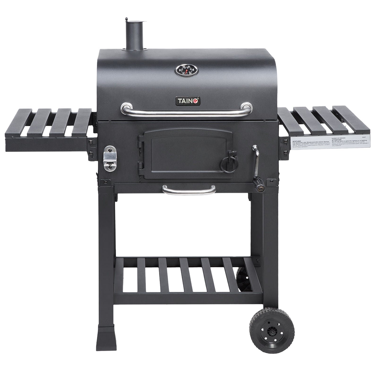 Frontalansicht: Schwarzer TAINO Grill mit Deckel, Thermometer, zwei Ablageflächen seitlich, Untergestell mit Rollen