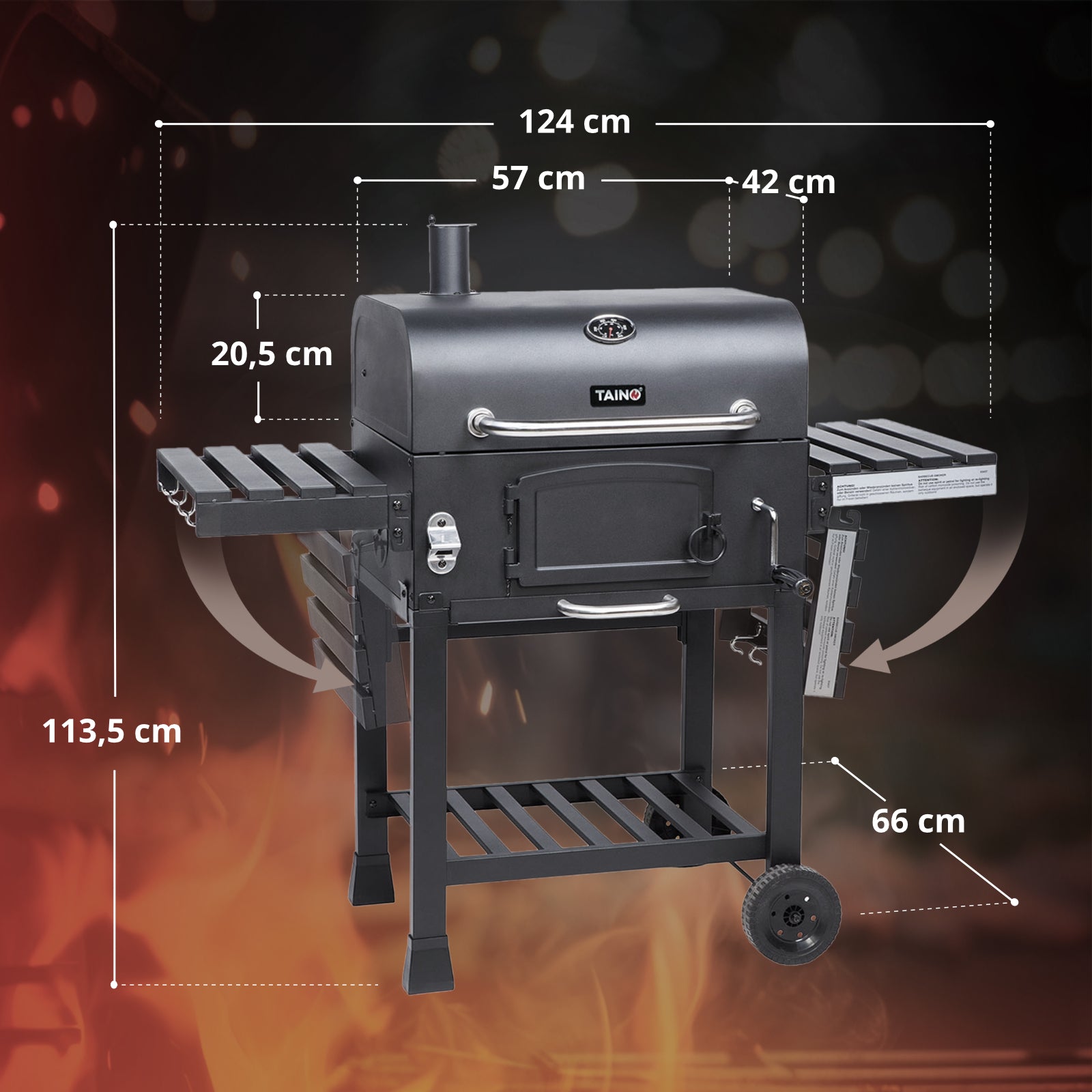 Schwarzer Taino Grill mit zwei seitlichen Ablagen, Rädern und Griffen, Maße 124 cm breit, 113,5 cm hoch, 66 cm tief