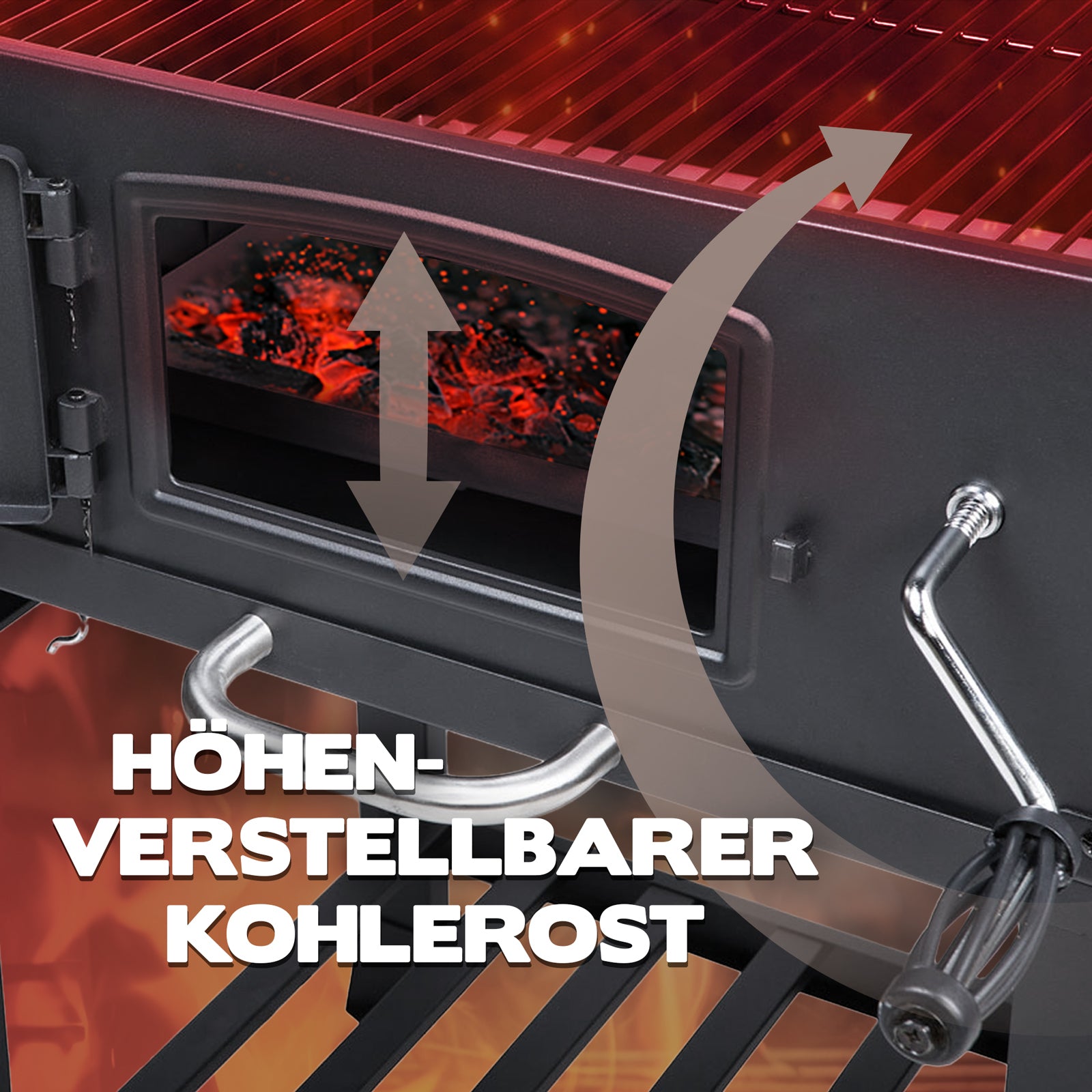 Schwarzer Grill mit höhenverstellbarem Kohlerost, dargestellt durch Pfeile und Text 'Höhenverstellbarer Kohlerost'