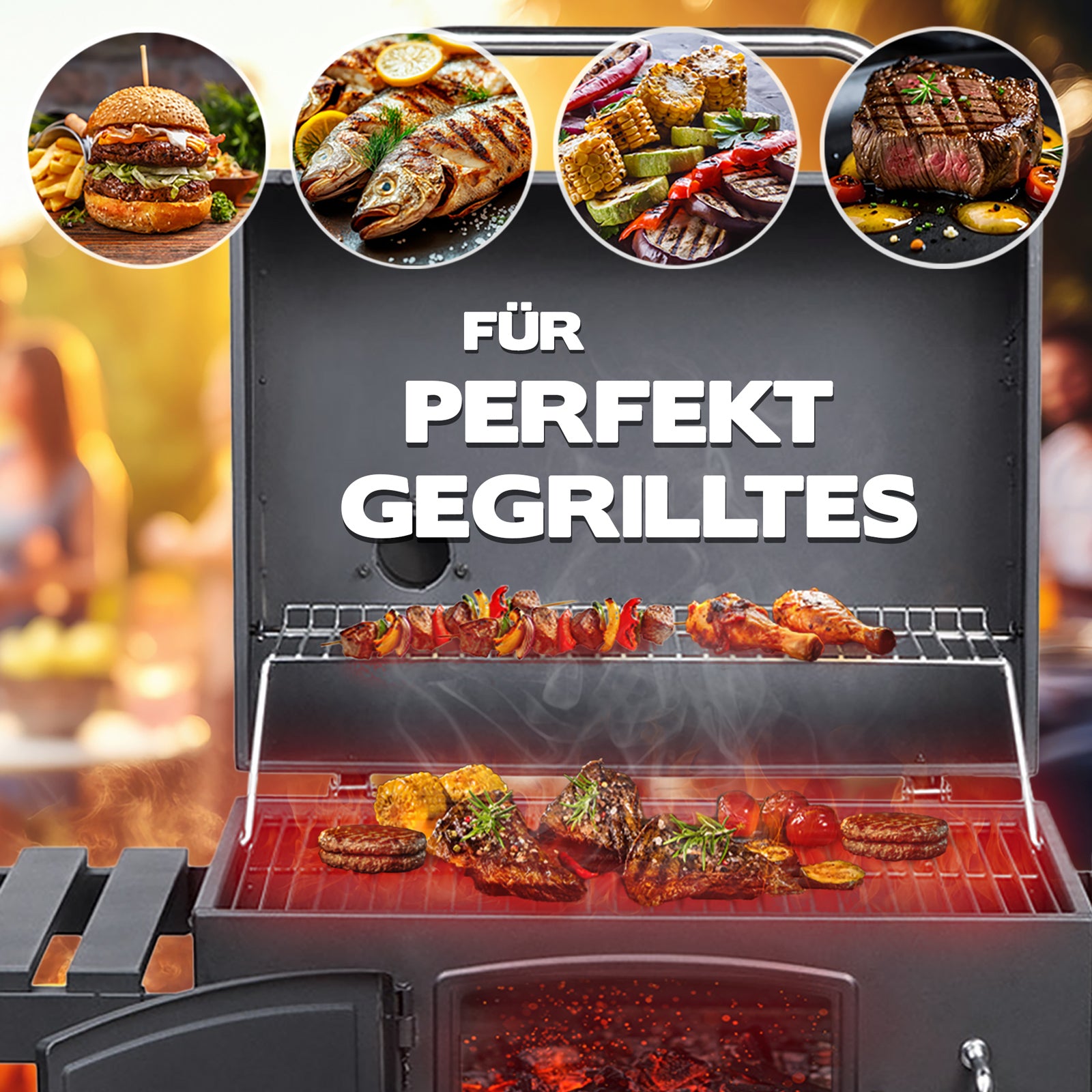 Grill mit verschiedenen gegrillten Speisen wie Fleisch, Gemüse und Fisch, umgeben von runden Bildern von Burger, gegrilltem Fisch, Gemüse und Steak, Text 'Für perfekt Gegrilltes'