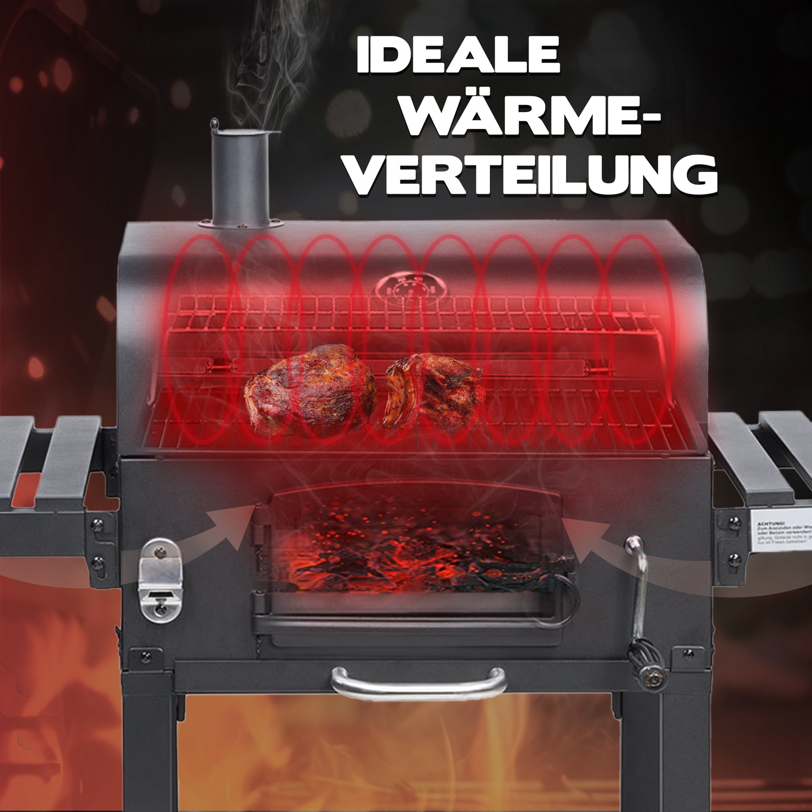 Grill mit idealer Wärmeverteilung, zeigt rot leuchtende Hitzezonen und Grillgut auf Rost, Rauch steigt aus Schornstein