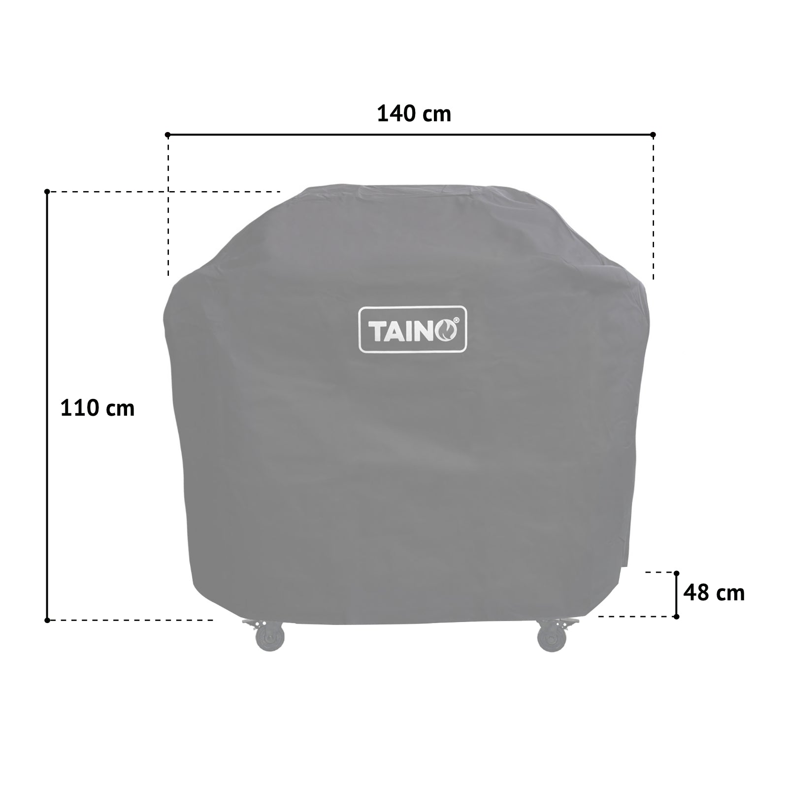 Maße der Abdeckhaube: Breite 140 cm, Höhe 110 cm, Tiefe 48 cm