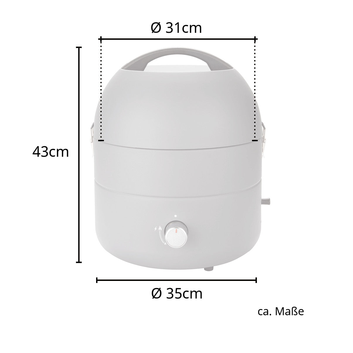 Maßbild TAINO Grill-to-Go Camping Gasgrill - Gesamtmaße: Höhe 43 cm, Durchmesser 31 cm