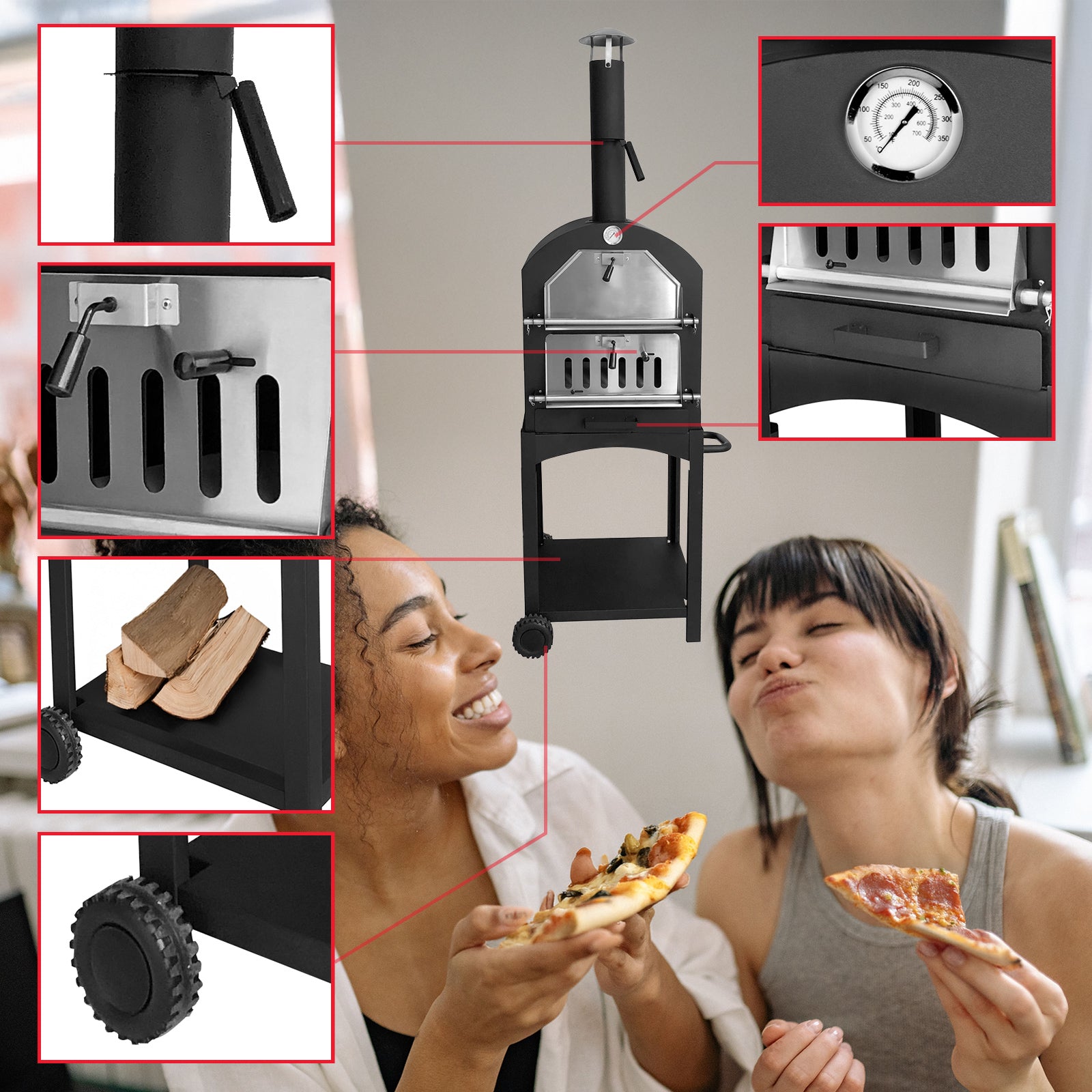 Die Funktionen des TAINO Outdoor Pizzaofen - klappbarer Kamin - Thermometer - Räder - Brennkammer mit Tür - Holzregal