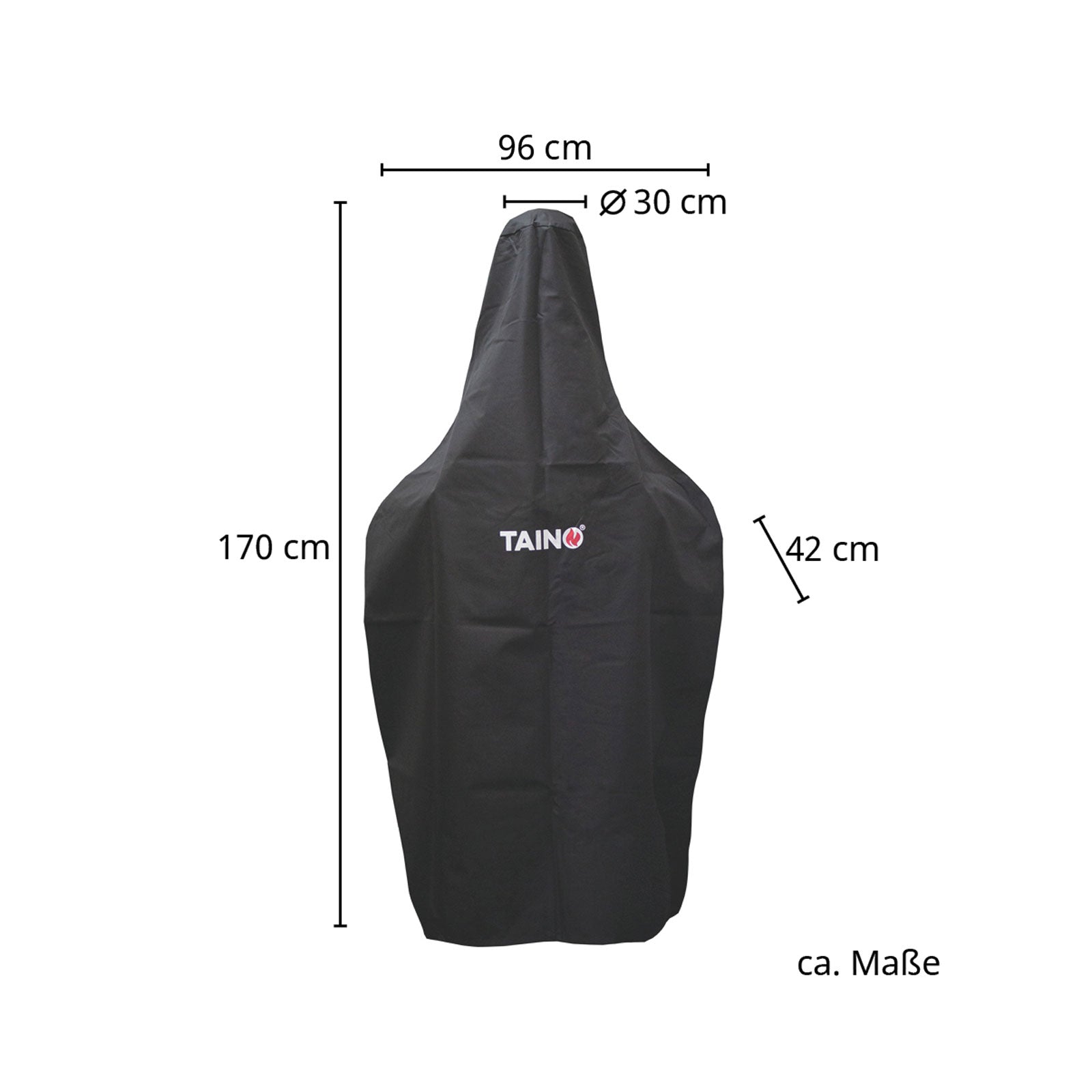 Maße der Abdeckhaube für Pizzaofen: Höhe 170 cm, Breite 96 cm, Tiefe 42 cm, Durchmesser Kamin 30 cm
