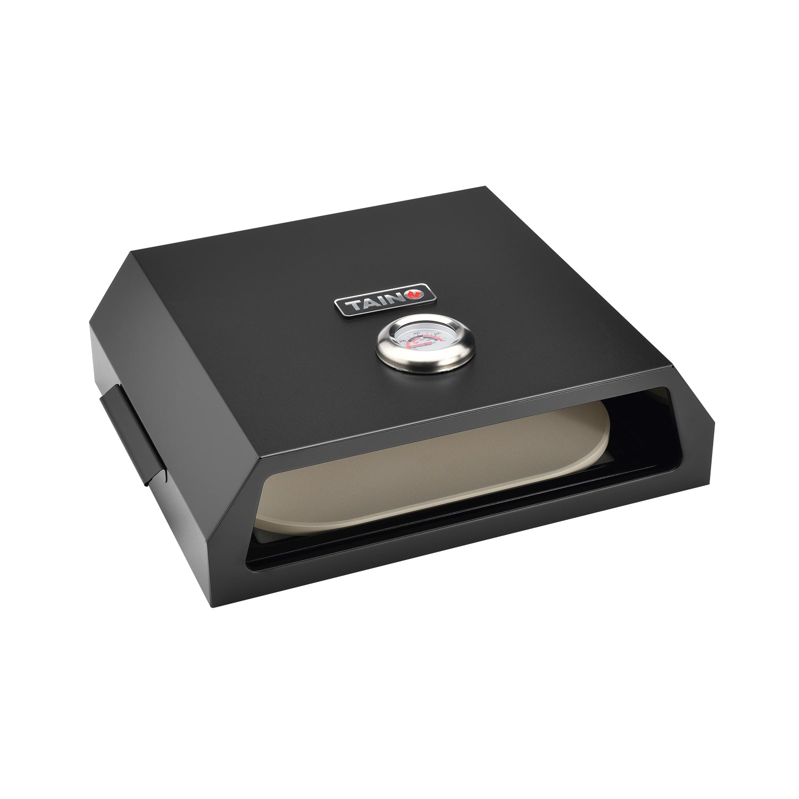 schwarze Pizzabox für den Grill mit eingebautem Thermometer