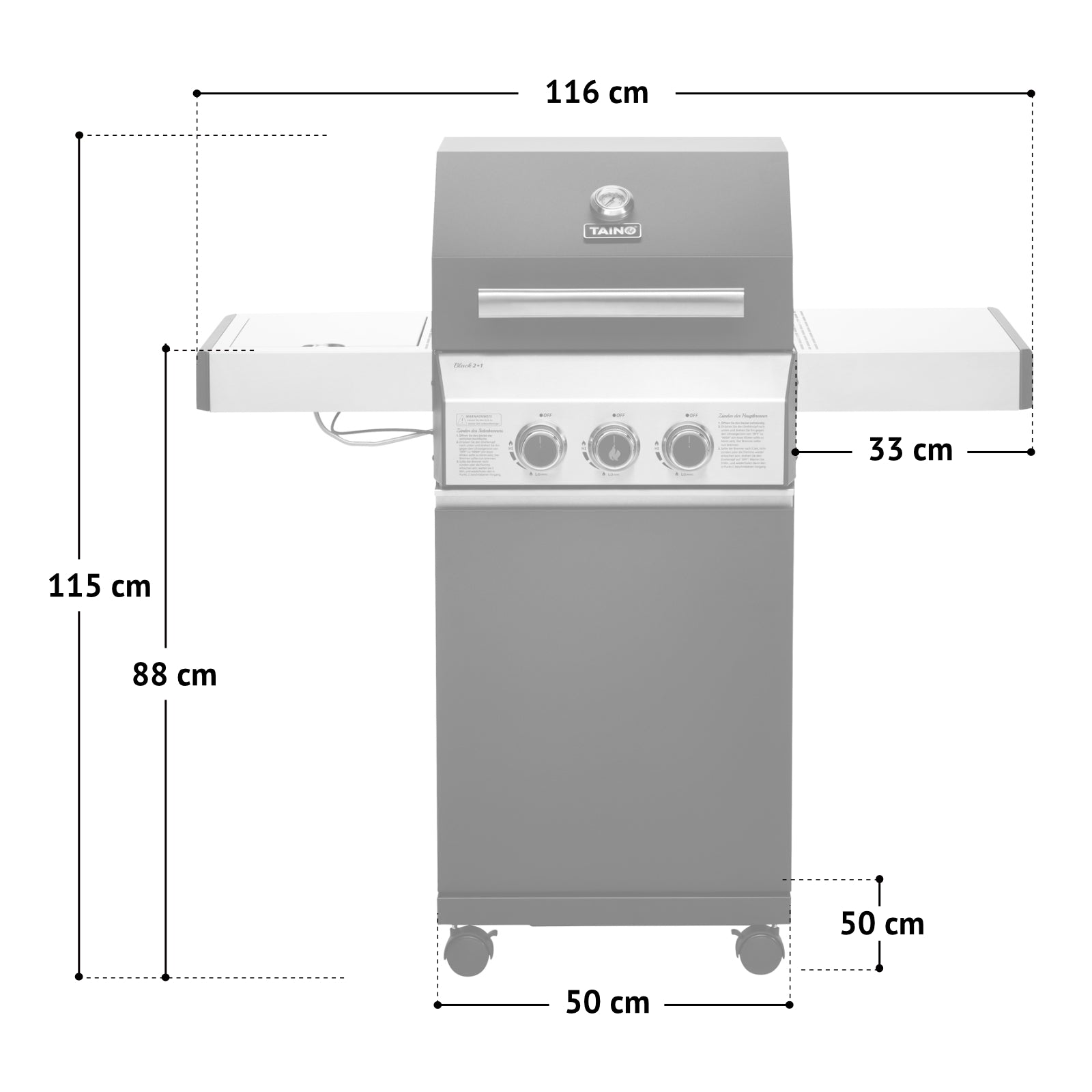 Maßbild TAINO BLACK 2+1 Gasgrill - Gesamtmaße: Breite 116 cm, Höhe 115 cm, Tiefe 50 cm