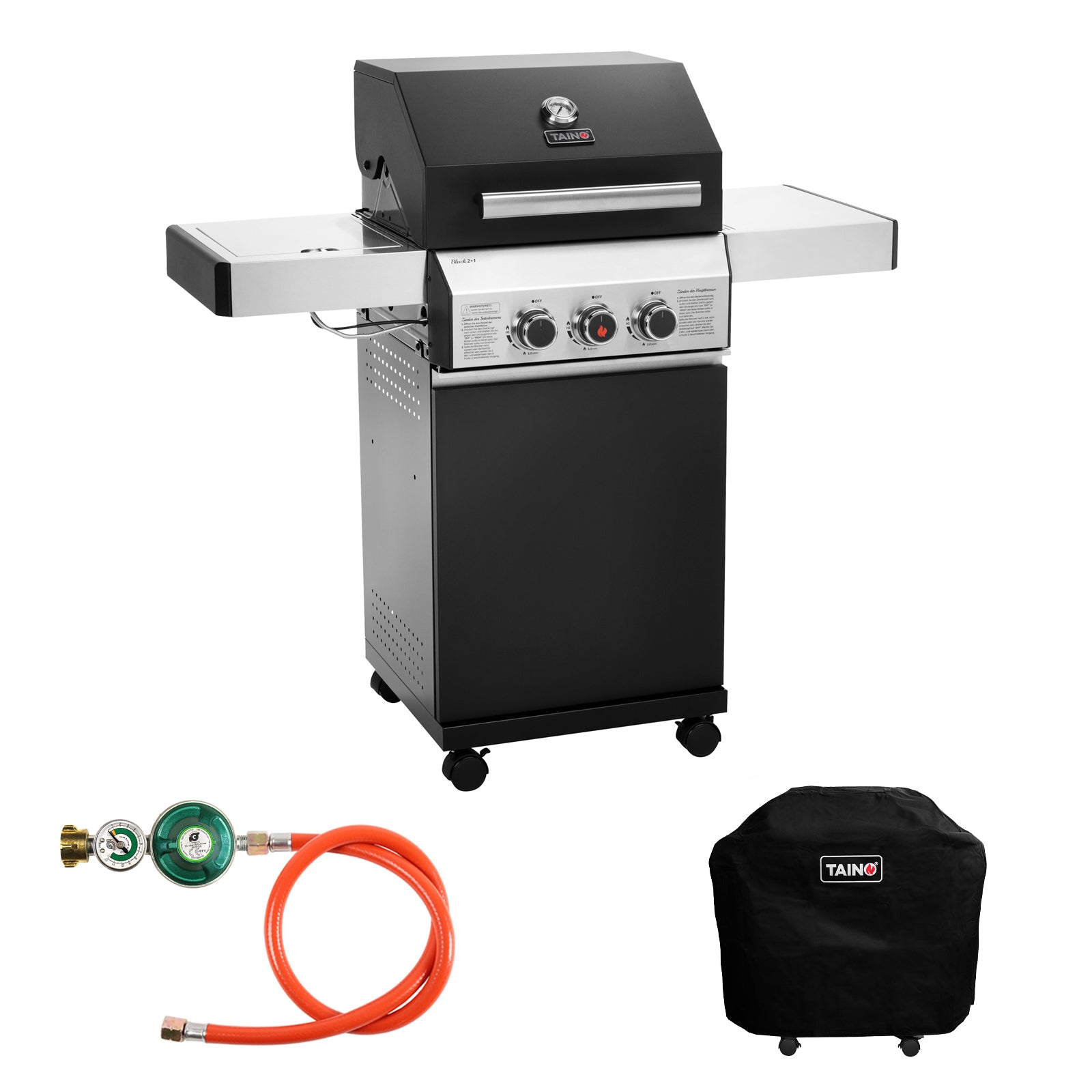 Set BLACK 2+1 Gasgrill + Abdeckhaube + Gasdruckminderer